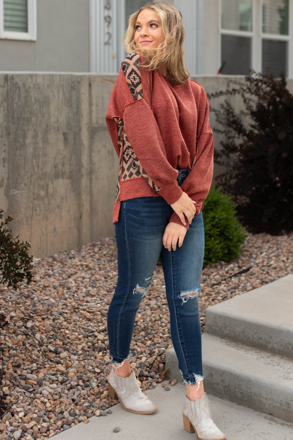 Redwood Burl Geometric Patchwork Plus Size High Low Sweatshirt - MAD RUFFI