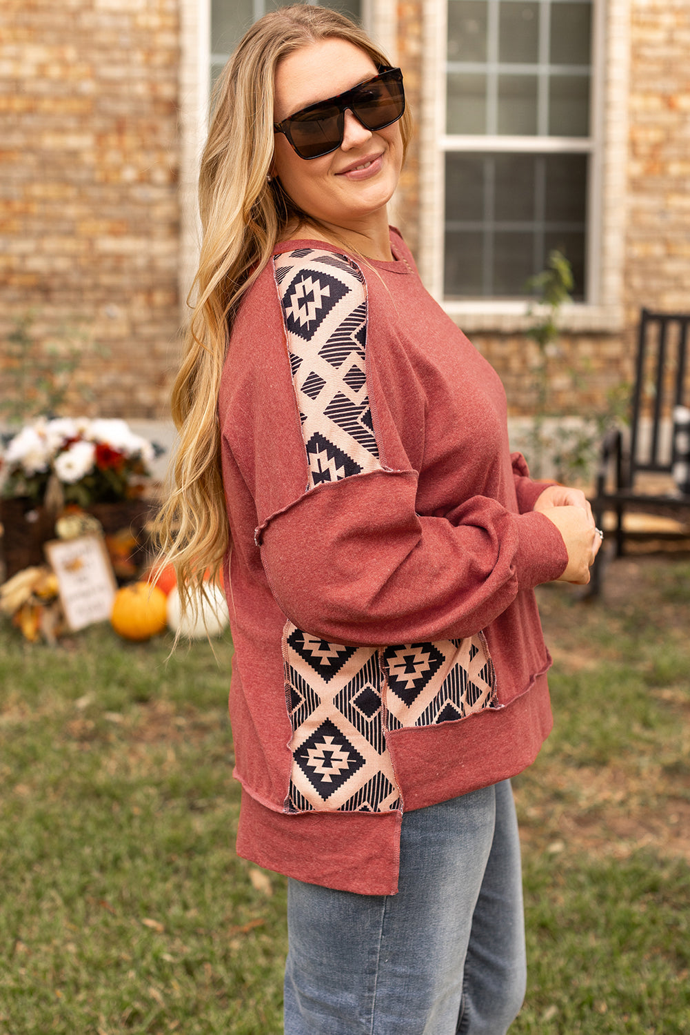 Redwood Burl Geometric Patchwork Plus Size High Low Sweatshirt - Plus Size Tops