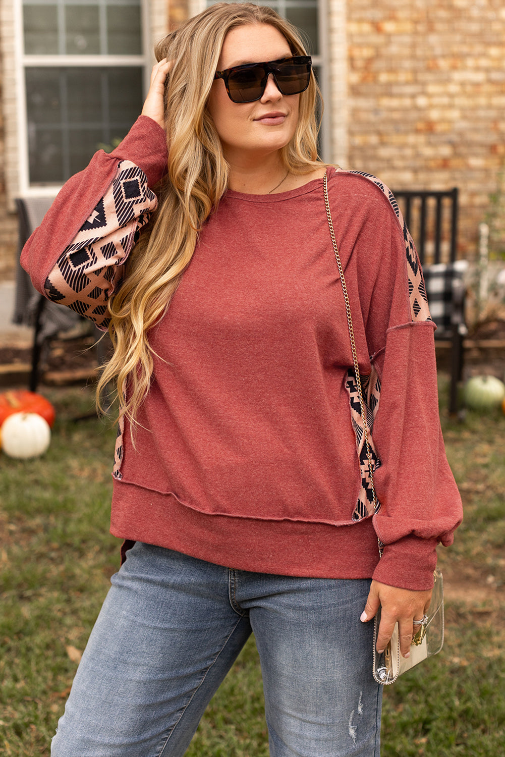 Redwood Burl Geometric Patchwork Plus Size High Low Sweatshirt - Plus Size Tops