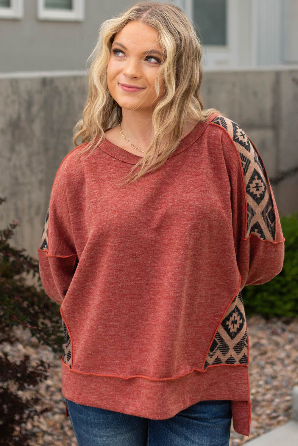 Redwood Burl Geometric Patchwork Plus Size High Low Sweatshirt - Plus Size Tops