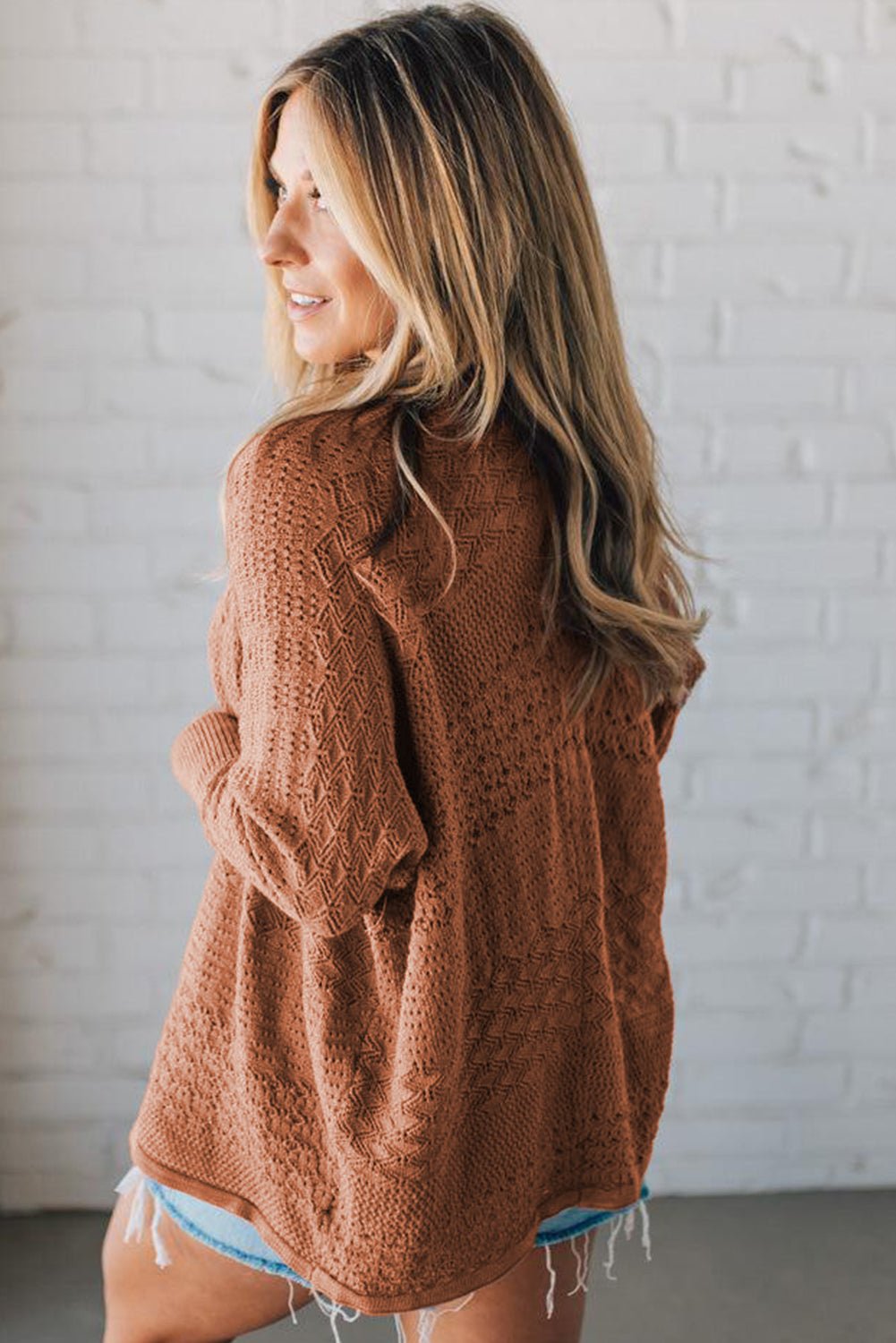 Redwood Burl Mix Pattern Hollow Knit Open Front Cardigan - MAD RUFFI