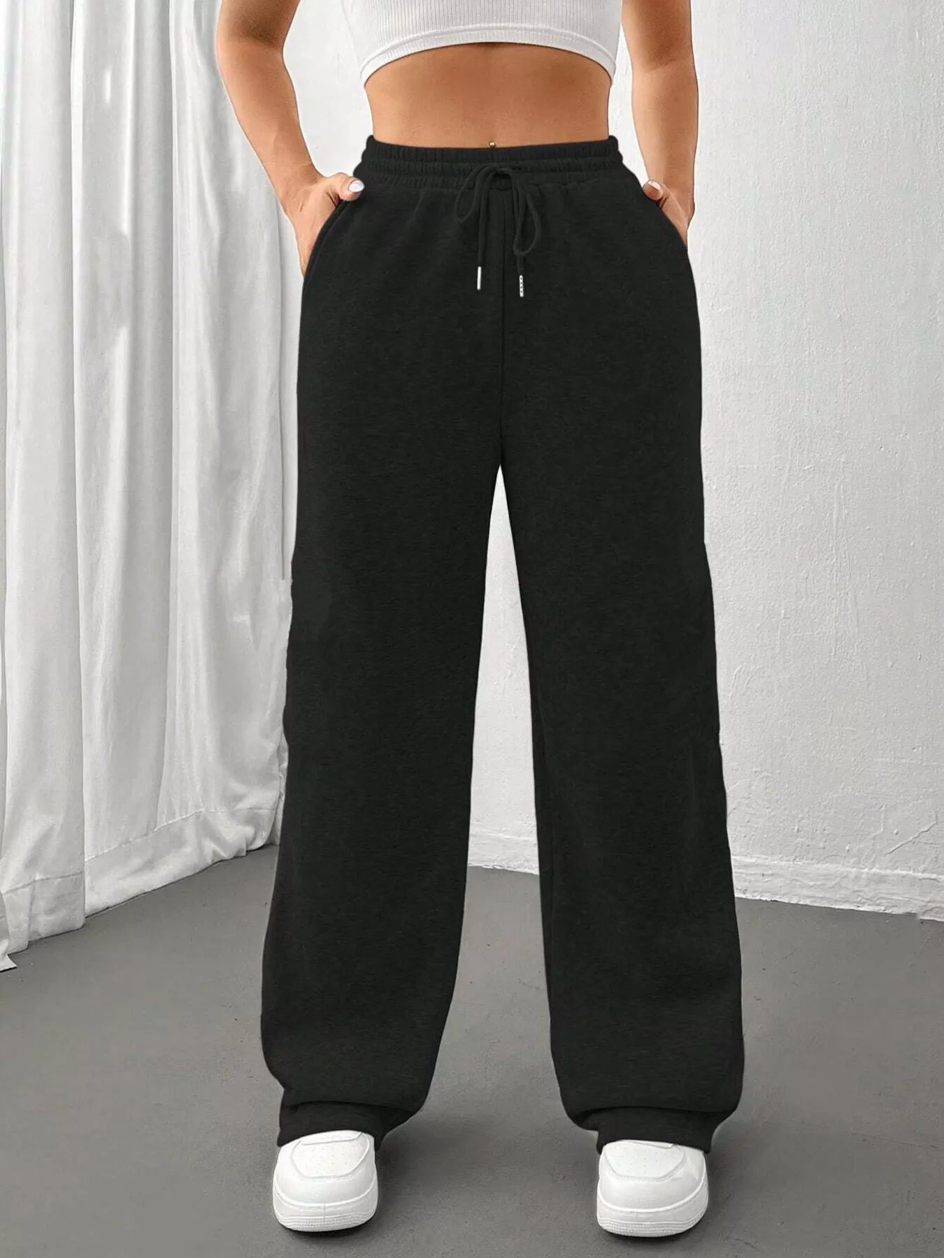 Relaxed Fit Drawstring Waist Solid Pants - MAD RUFFI