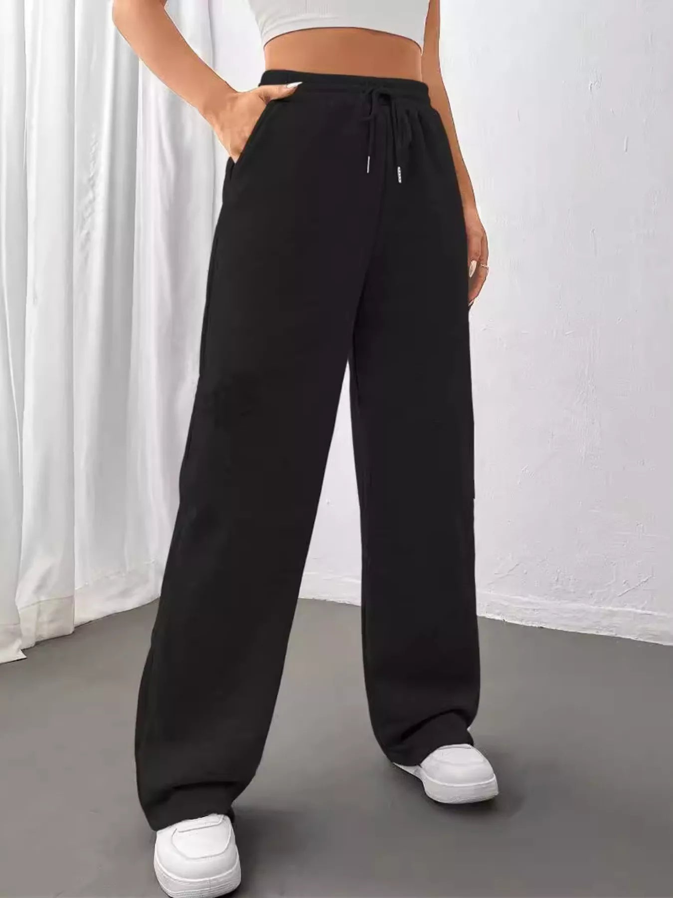 Relaxed Fit Drawstring Waist Solid Pants - MAD RUFFI