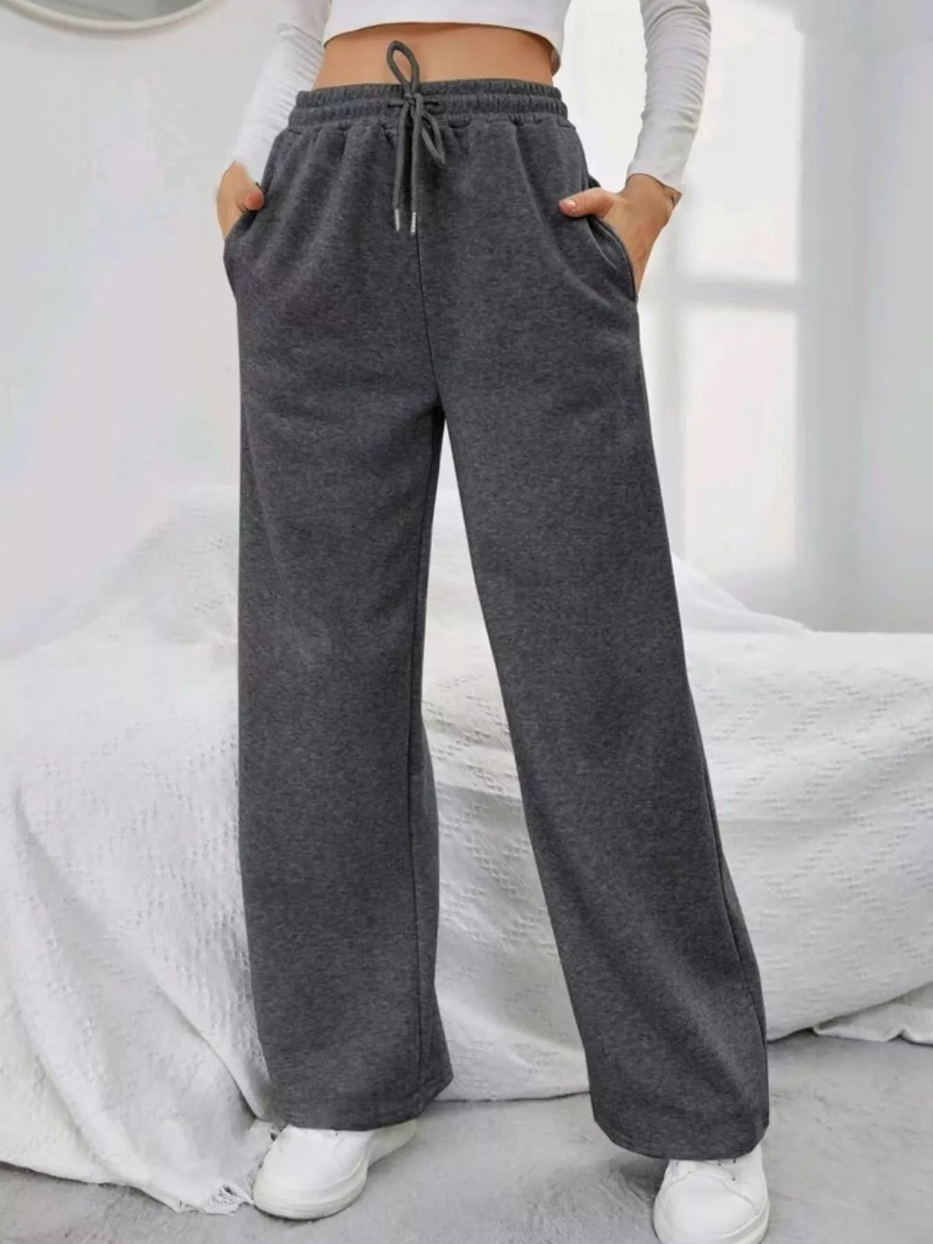 Relaxed Fit Drawstring Waist Solid Pants - MAD RUFFI