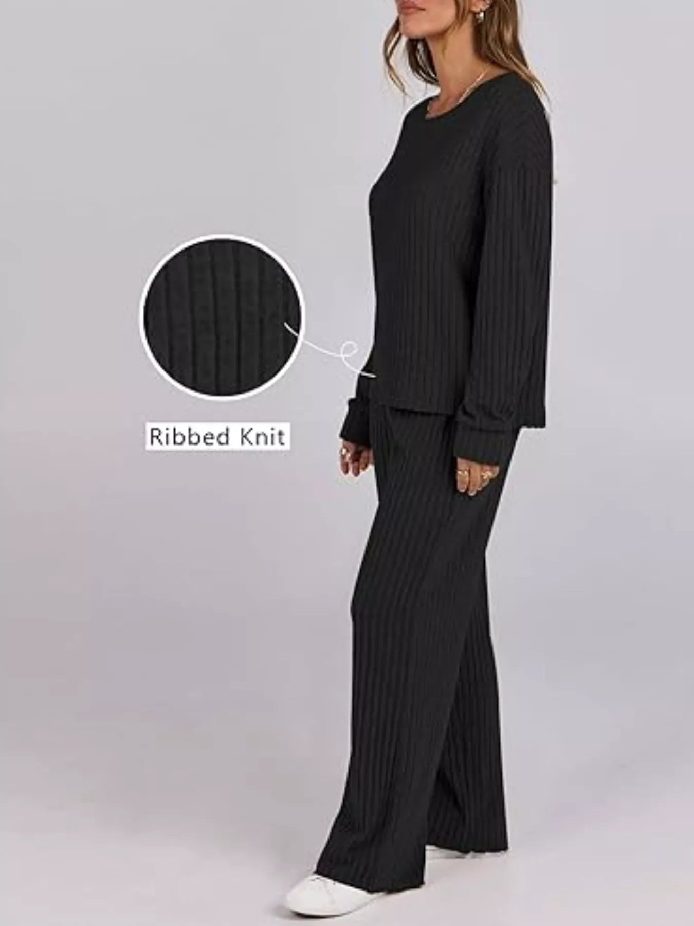 Relaxed Fit Ribbed Knit Top and Pants Set - MAD RUFFI