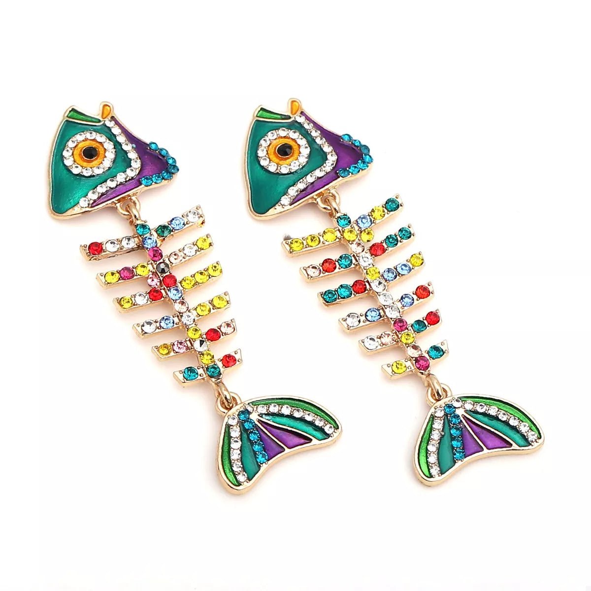 Rhinestone Colorful Fish Bone Statement Earrings - MAD RUFFI