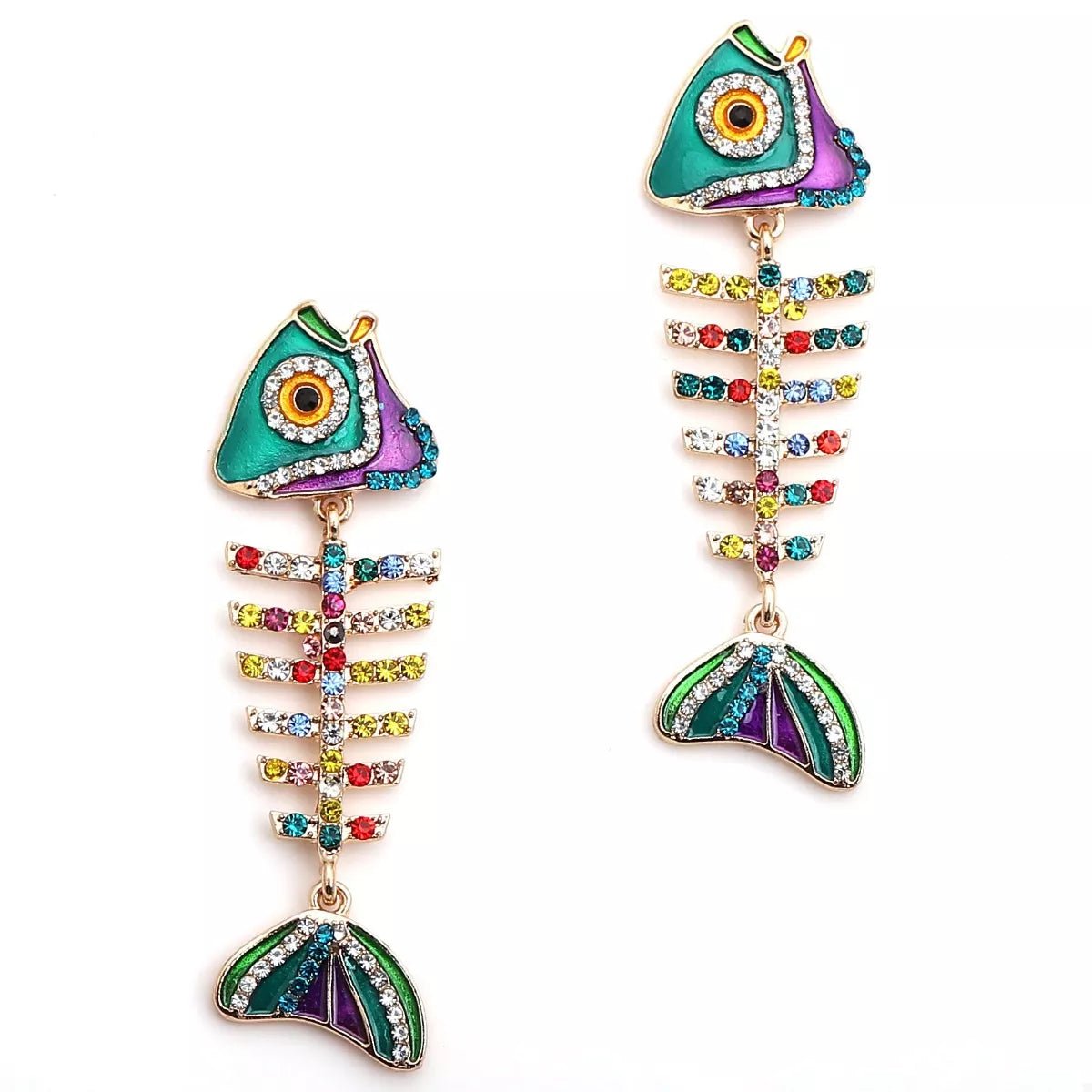Rhinestone Colorful Fish Bone Statement Earrings - MAD RUFFI