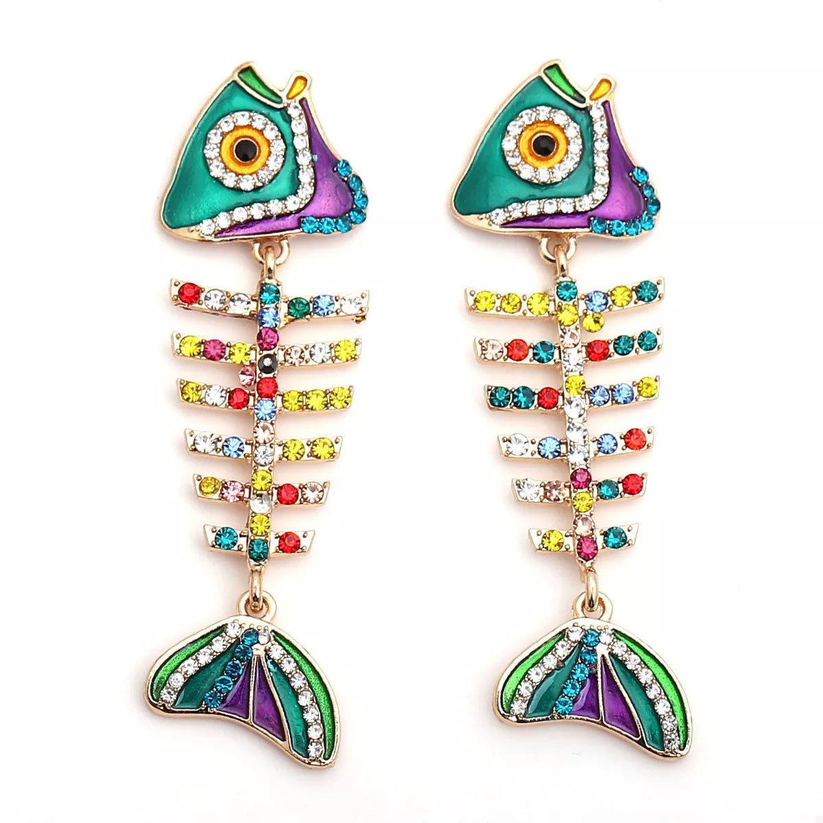 Rhinestone Colorful Fish Bone Statement Earrings - MAD RUFFI