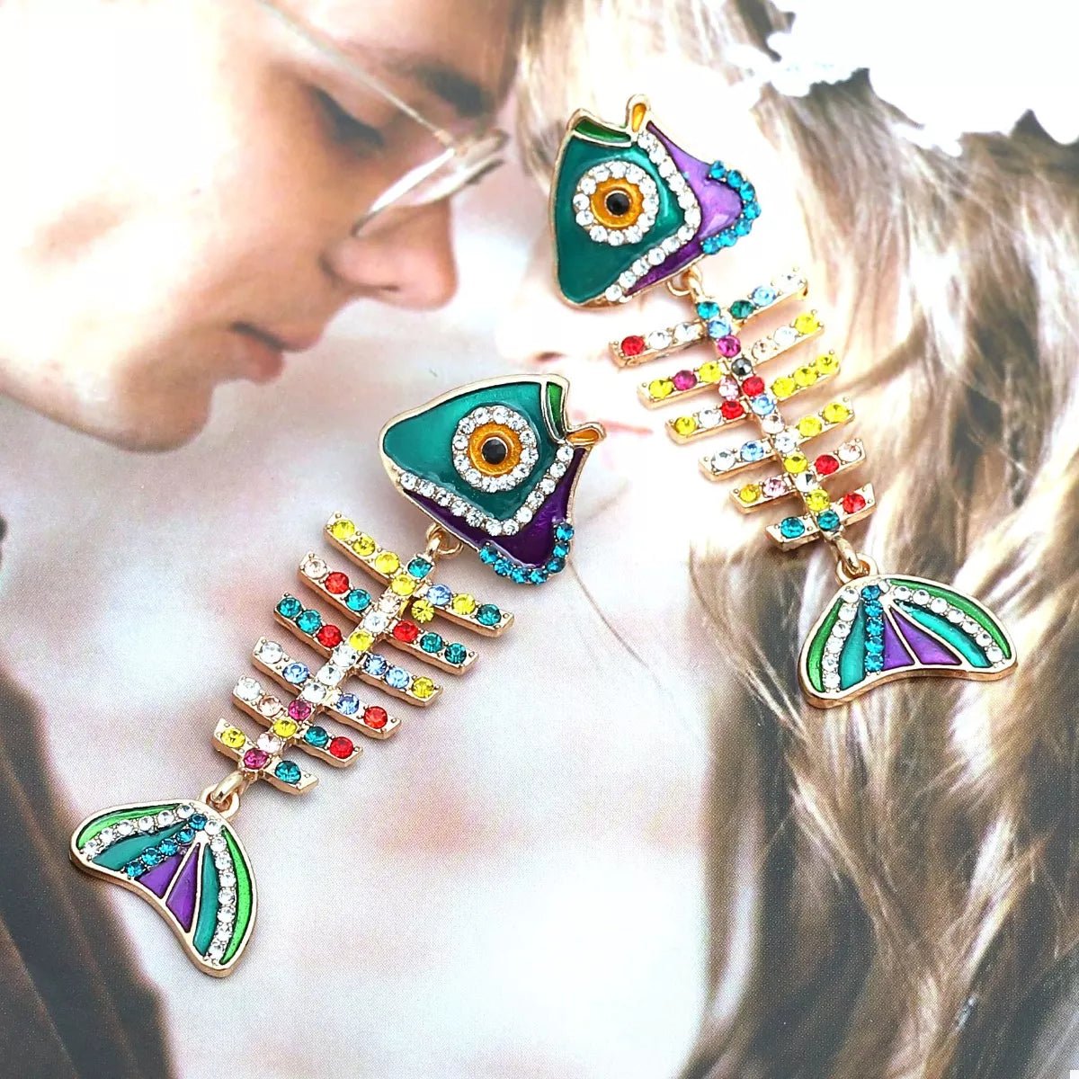 Rhinestone Colorful Fish Bone Statement Earrings - MAD RUFFI
