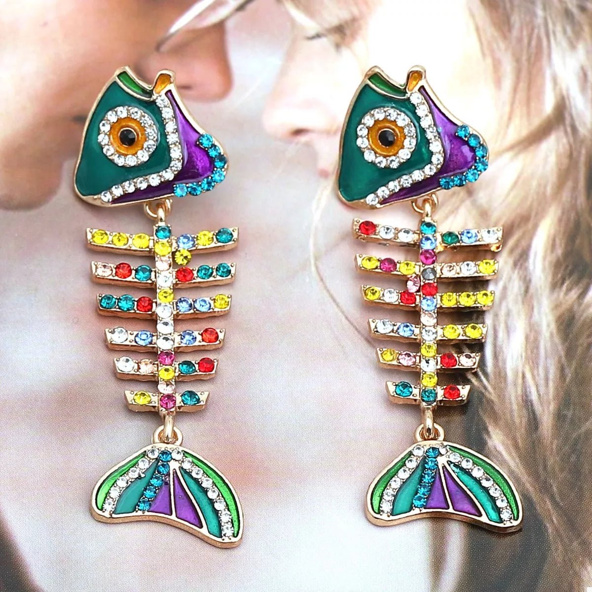 Rhinestone Colorful Fish Bone Statement Earrings - MAD RUFFI