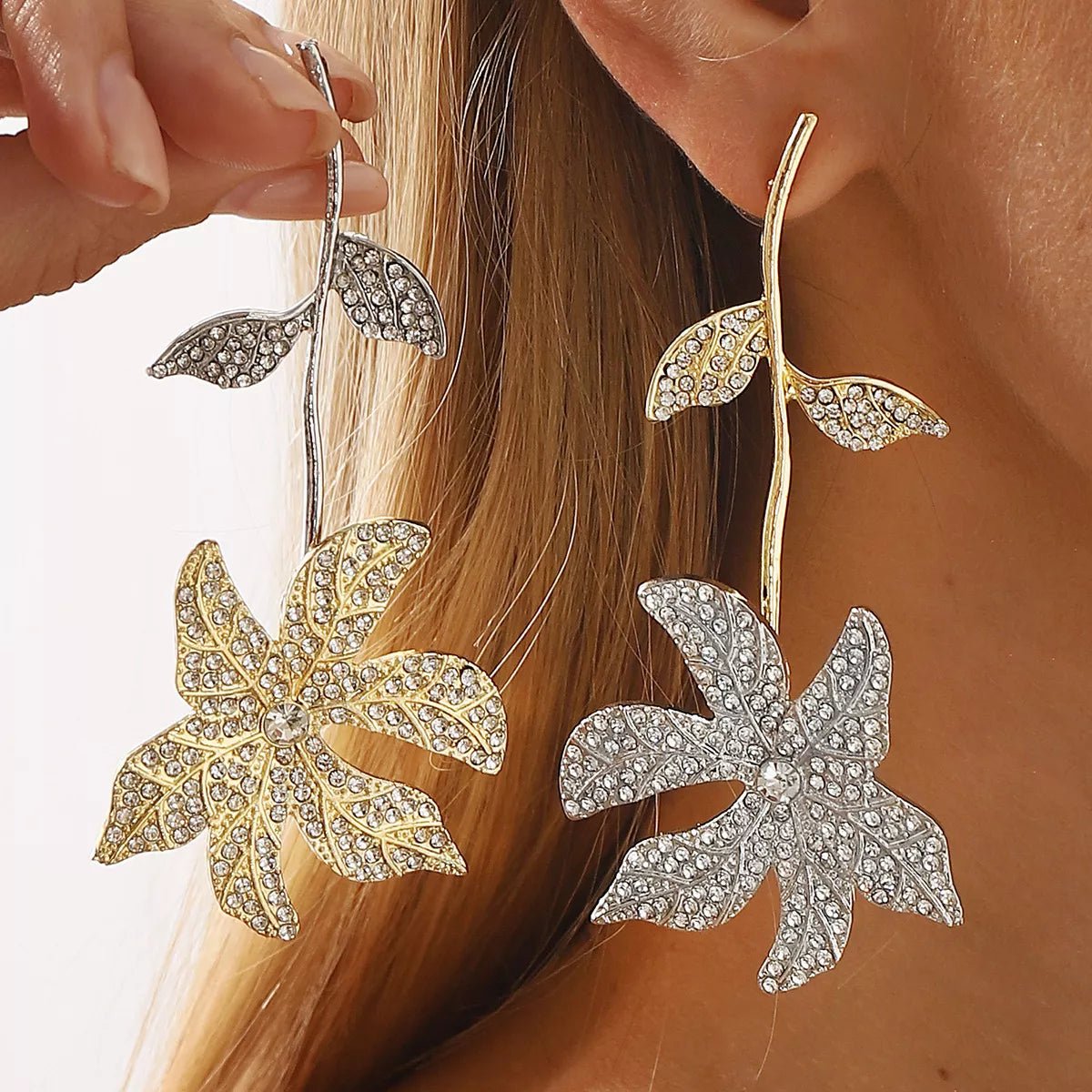 Rhinestone Flower Dangle Earrings - MAD RUFFI