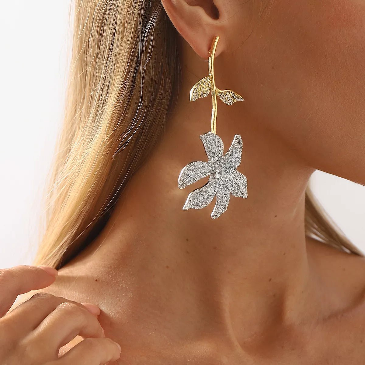 Rhinestone Flower Dangle Earrings - MAD RUFFI