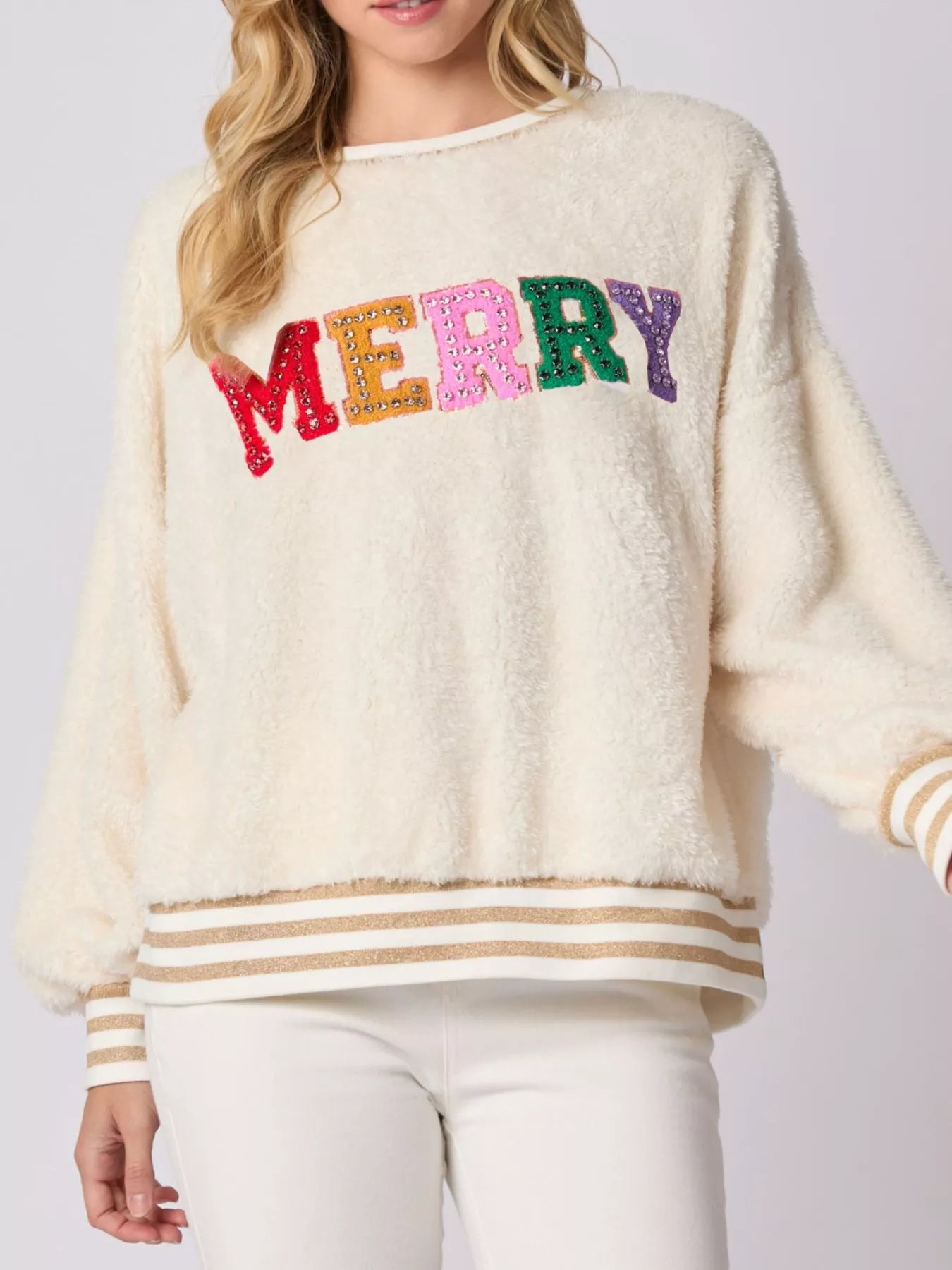 Rhinestone Merry Christmas Round Neck Sweatshirt - MAD RUFFI
