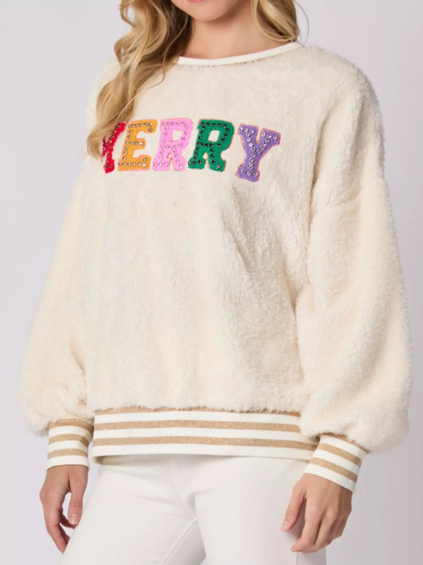 Rhinestone Merry Christmas Round Neck Sweatshirt - MAD RUFFI