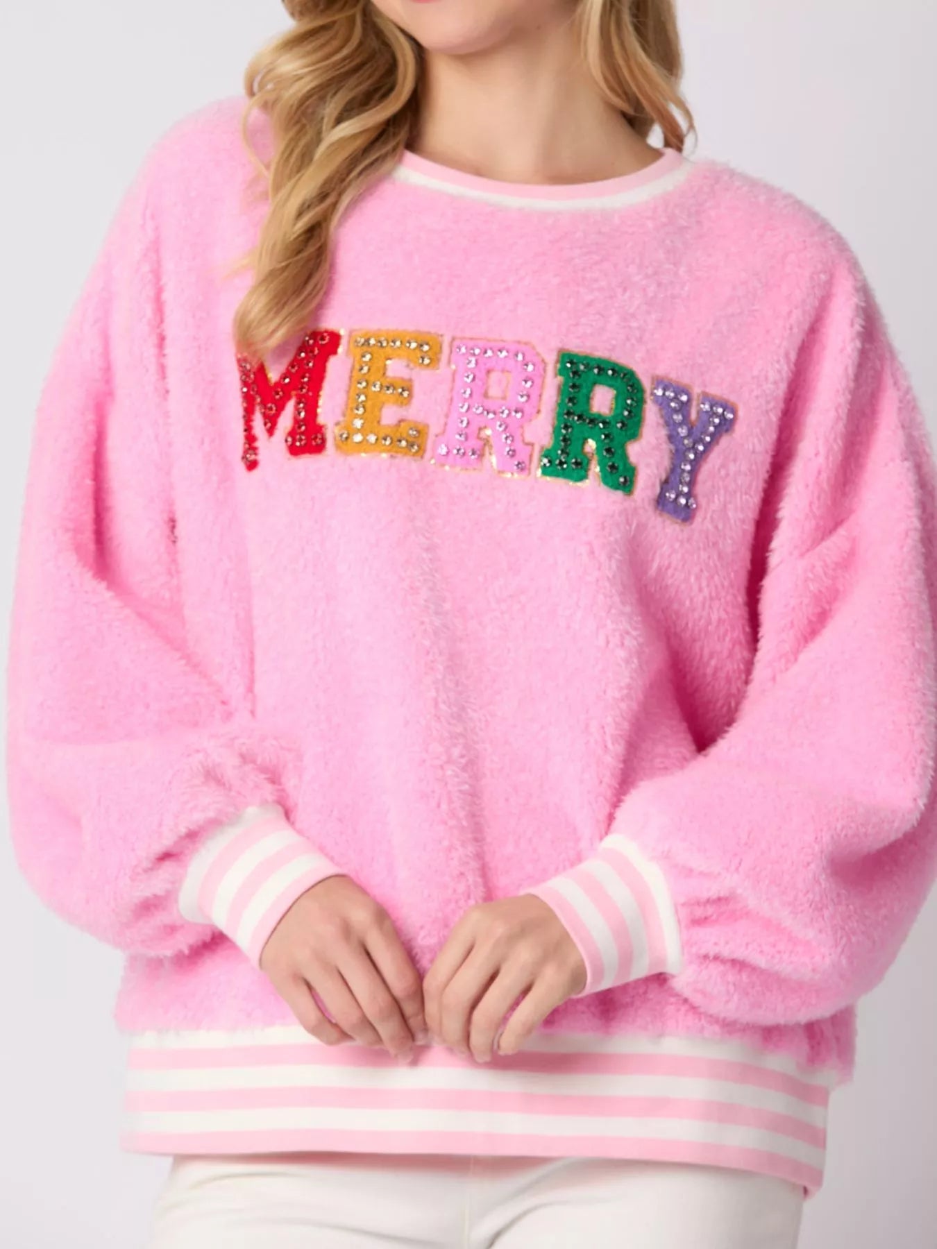 Rhinestone Merry Christmas Round Neck Sweatshirt - MAD RUFFI