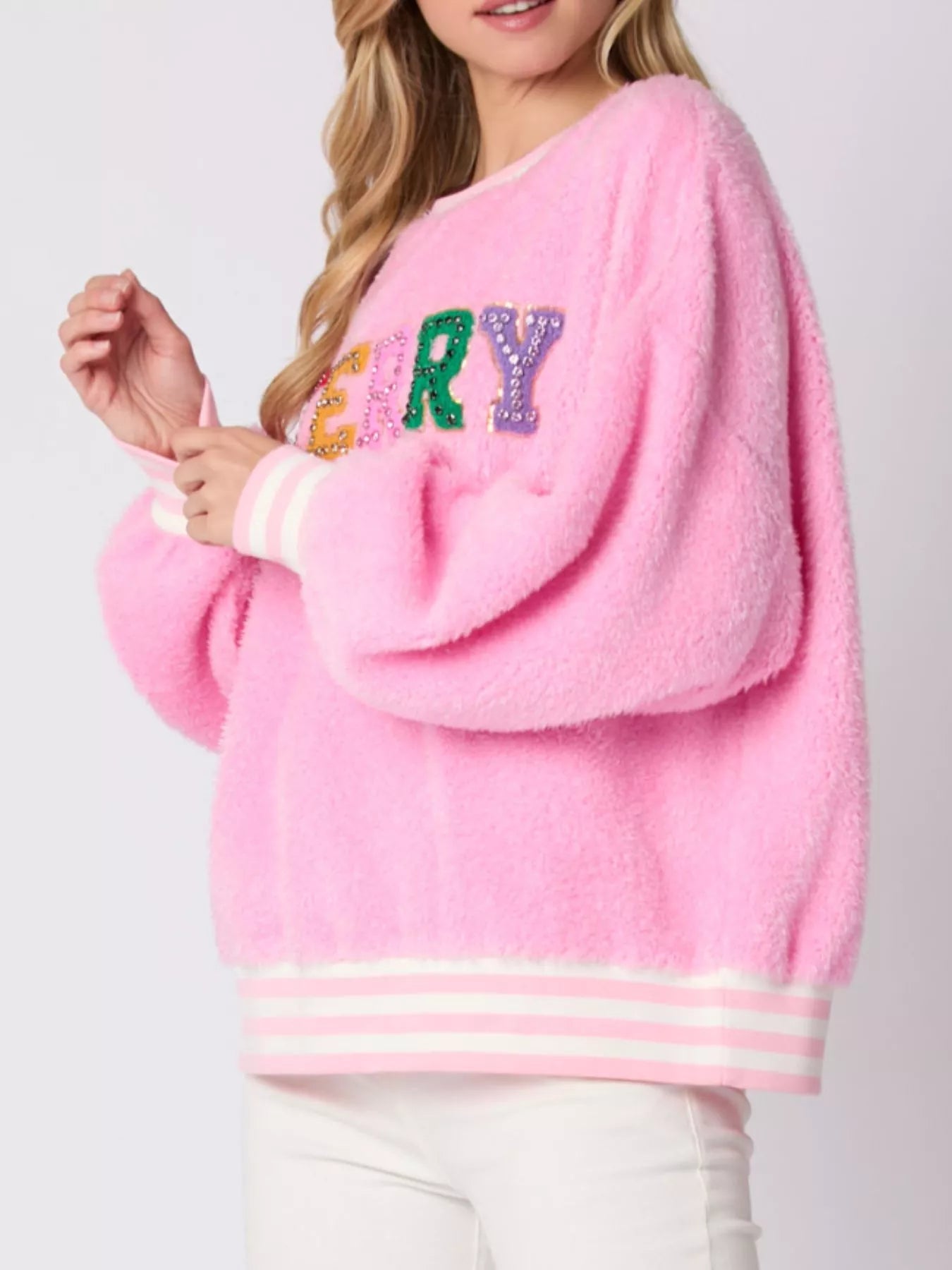 Rhinestone Merry Christmas Round Neck Sweatshirt - MAD RUFFI