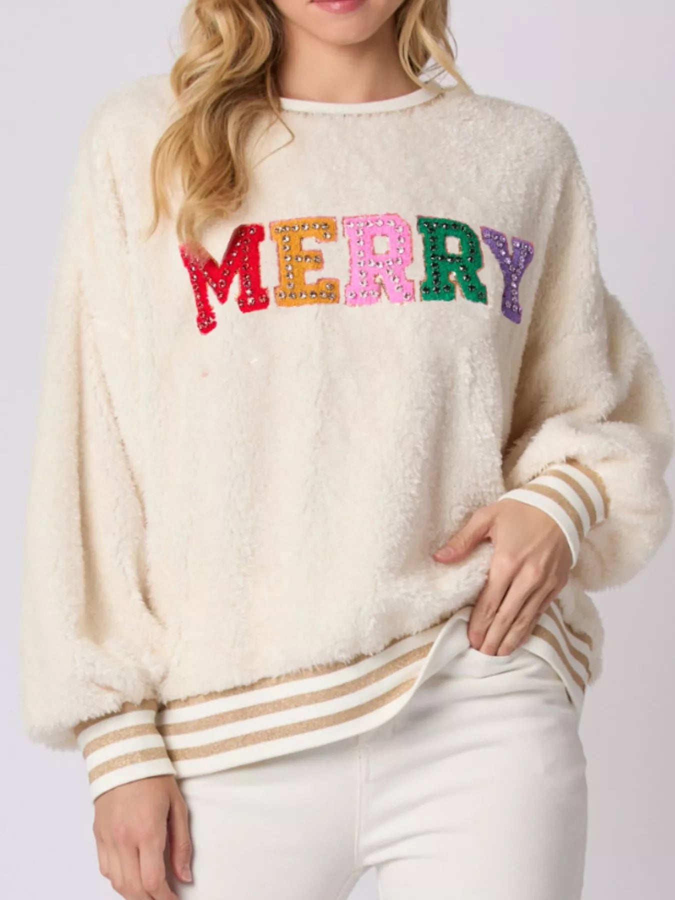 Rhinestone Merry Christmas Round Neck Sweatshirt - MAD RUFFI