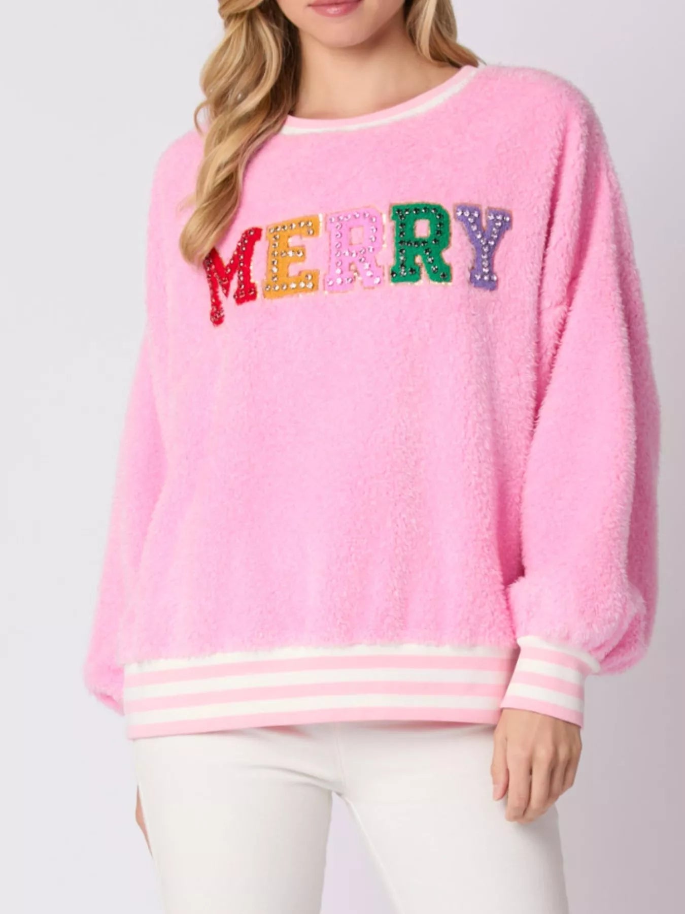 Rhinestone Merry Christmas Round Neck Sweatshirt - MAD RUFFI