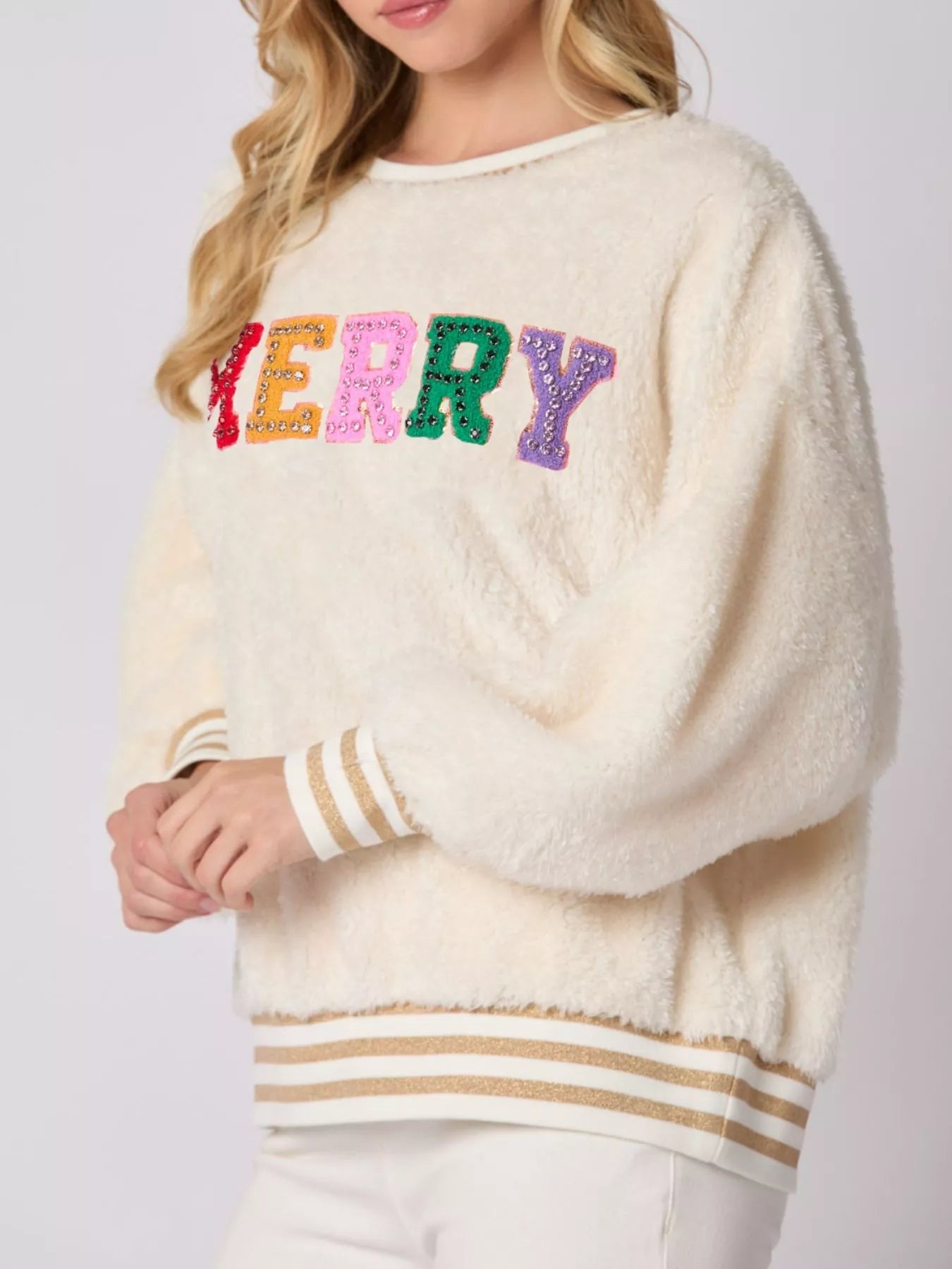 Rhinestone Merry Christmas Round Neck Sweatshirt - MAD RUFFI
