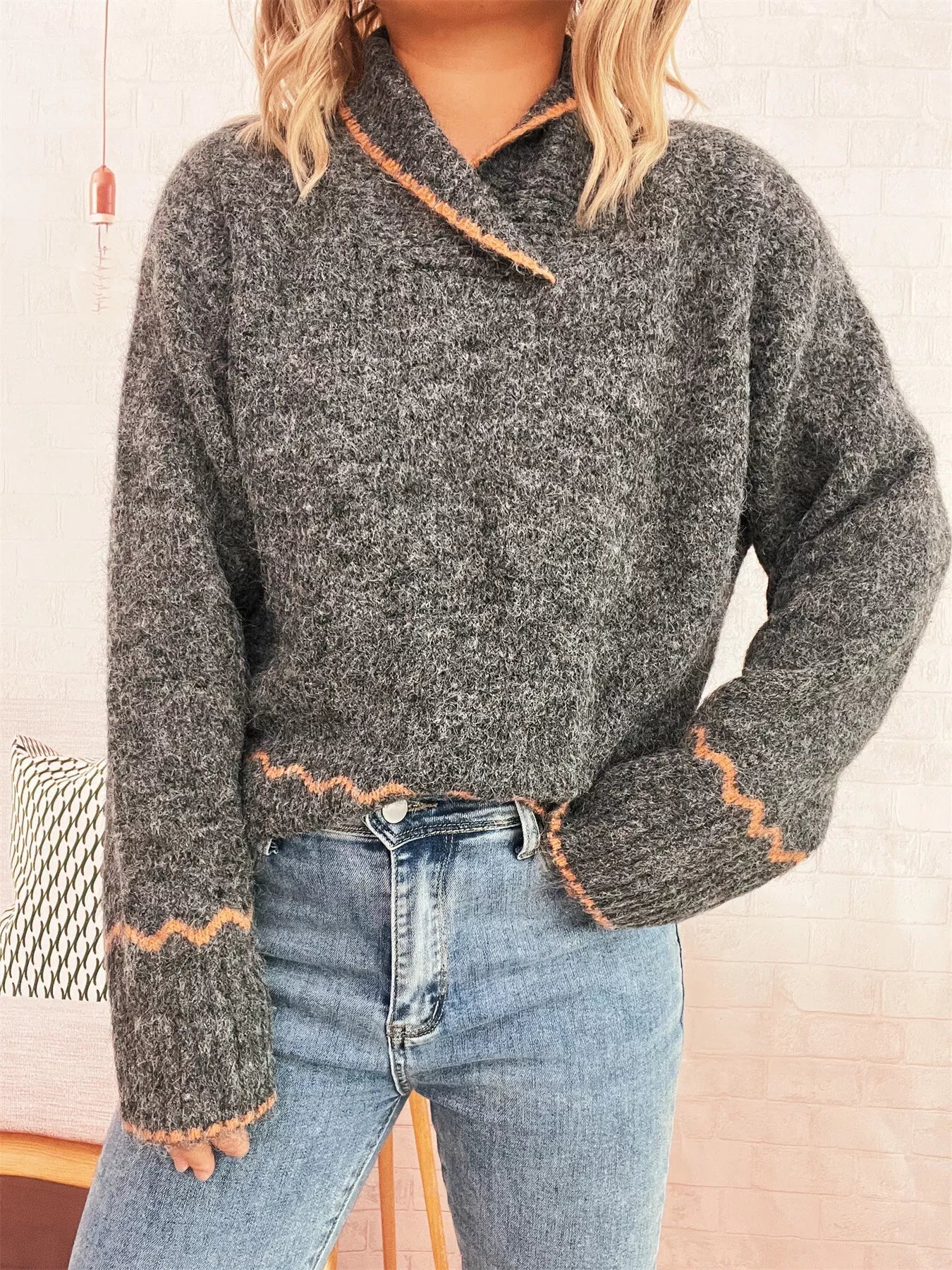 Ribbed Contrast Trim Long Sleeve Sweater - MAD RUFFI