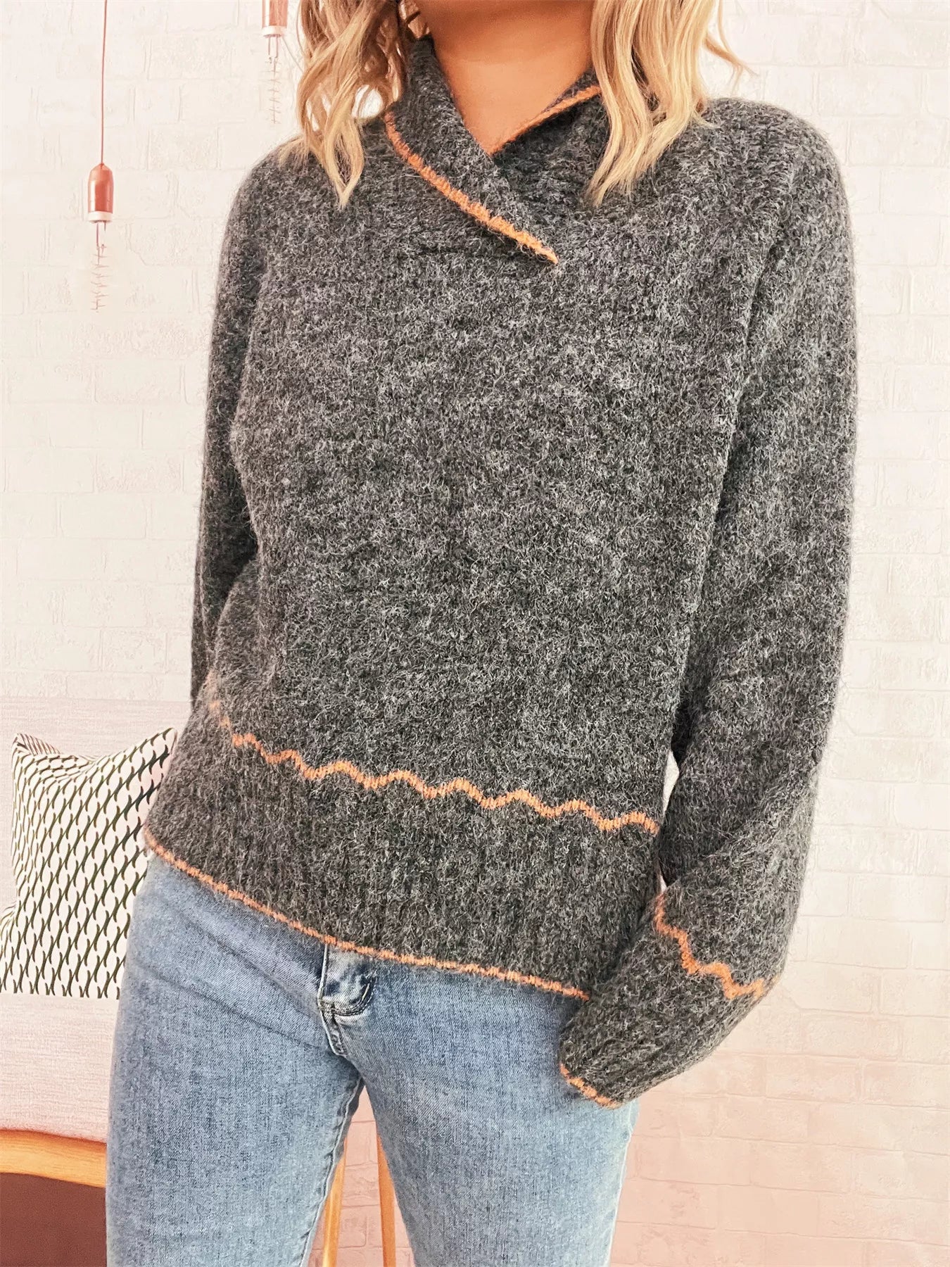 Ribbed Contrast Trim Long Sleeve Sweater - MAD RUFFI