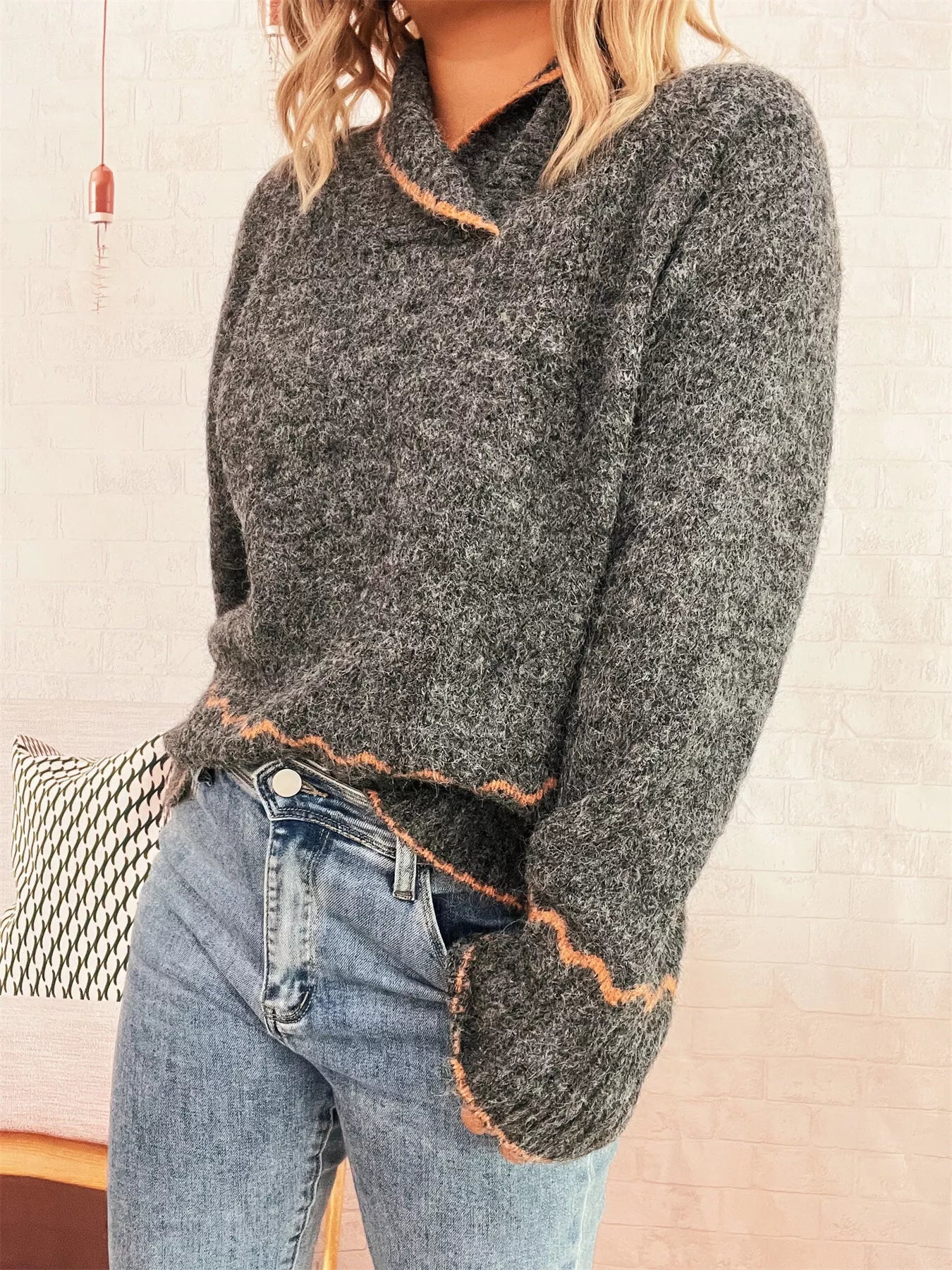 Ribbed Contrast Trim Long Sleeve Sweater - MAD RUFFI