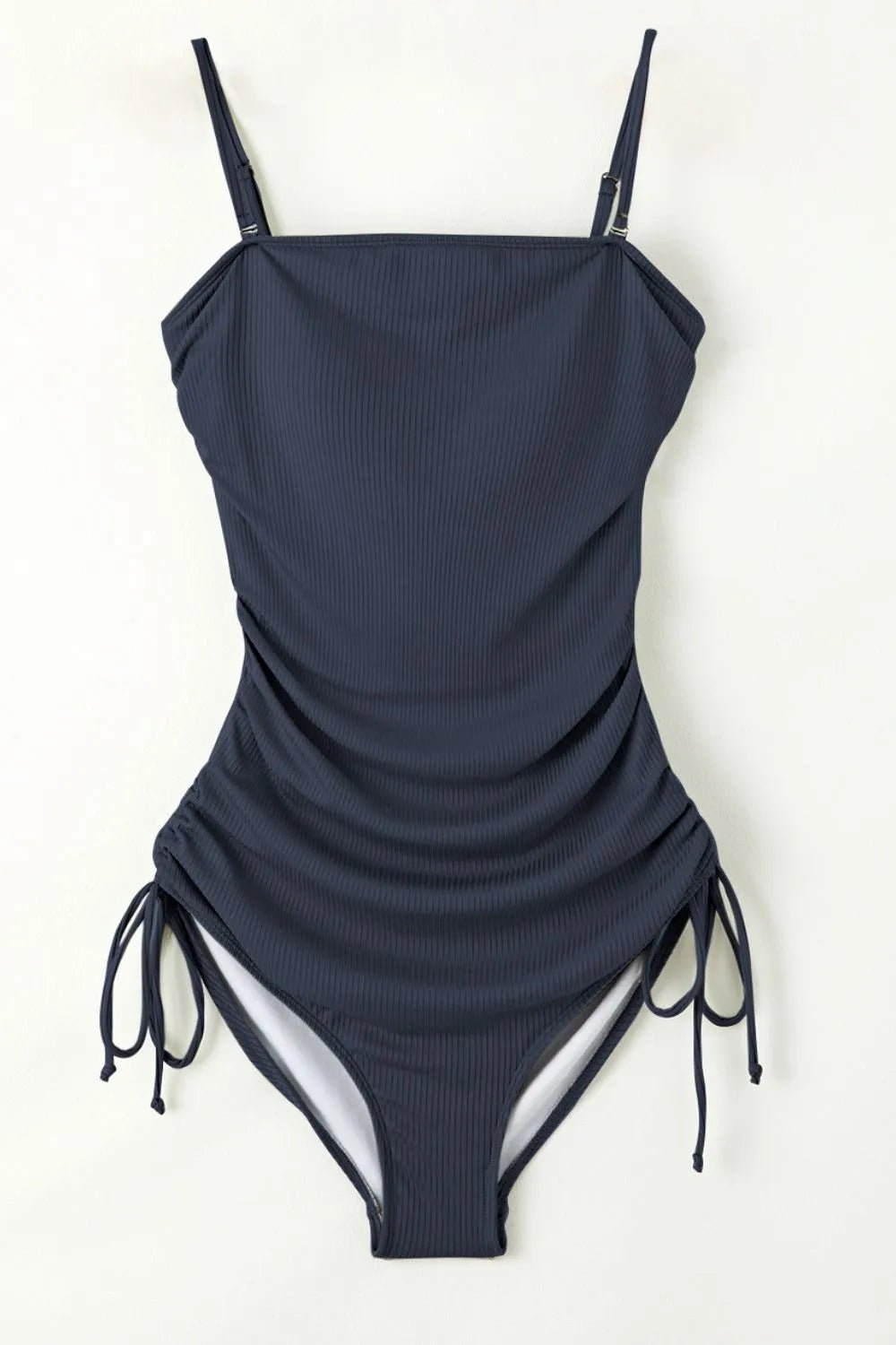 Ribbed Drawstring Sides Cutout One Piece Swimsuit - MAD RUFFI