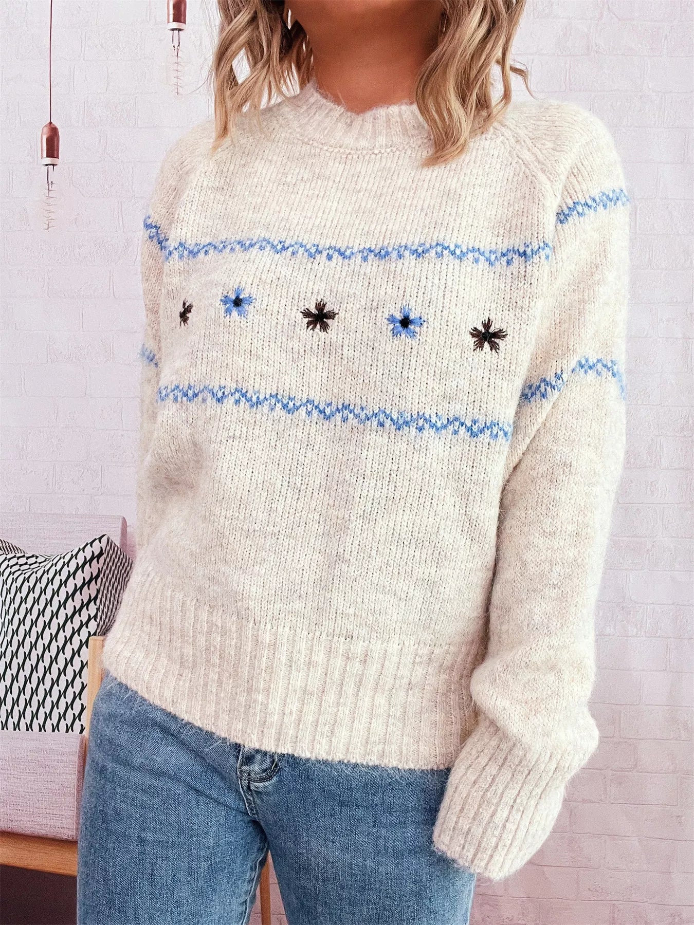 Ribbed Hem Flower Long Sleeve Sweater - MAD RUFFI