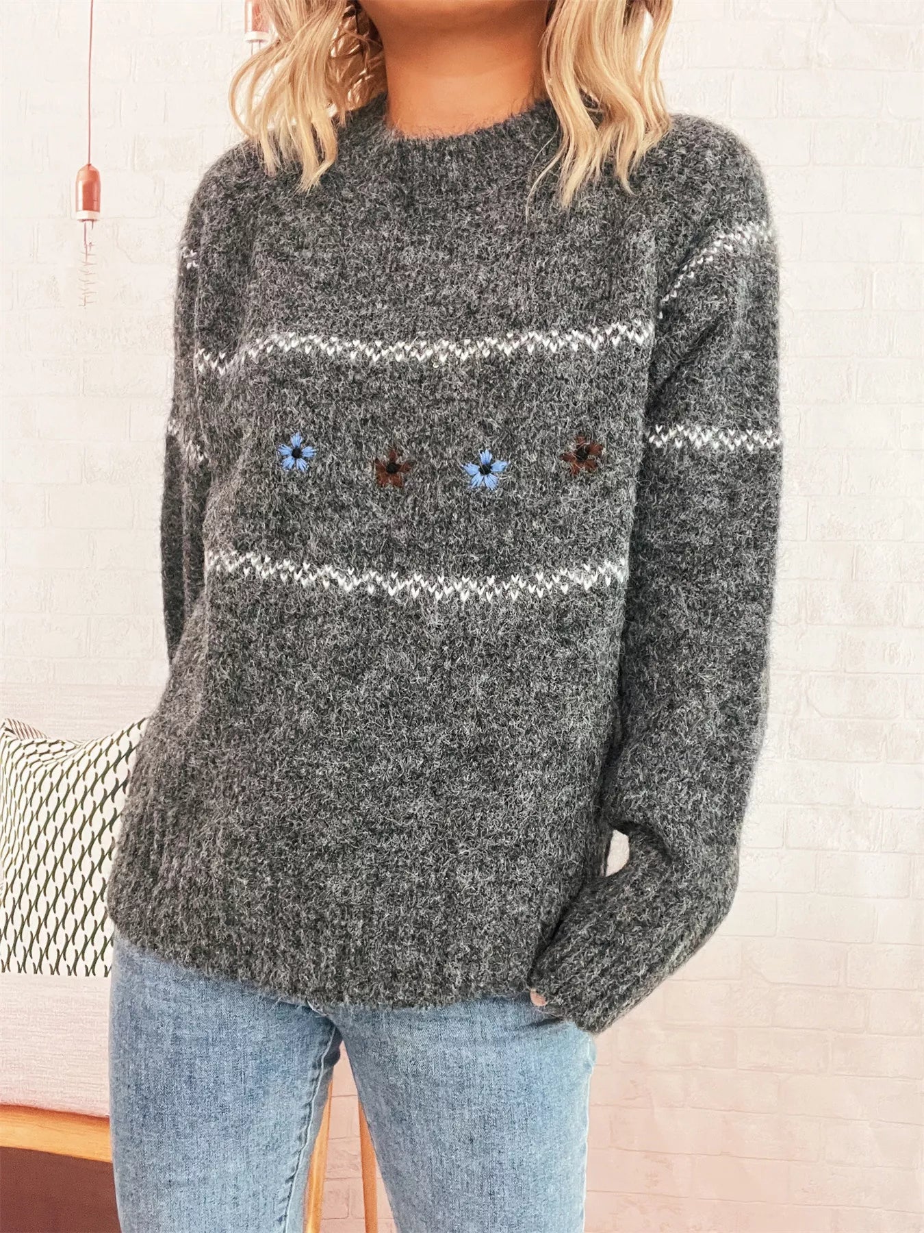 Ribbed Hem Flower Long Sleeve Sweater - MAD RUFFI