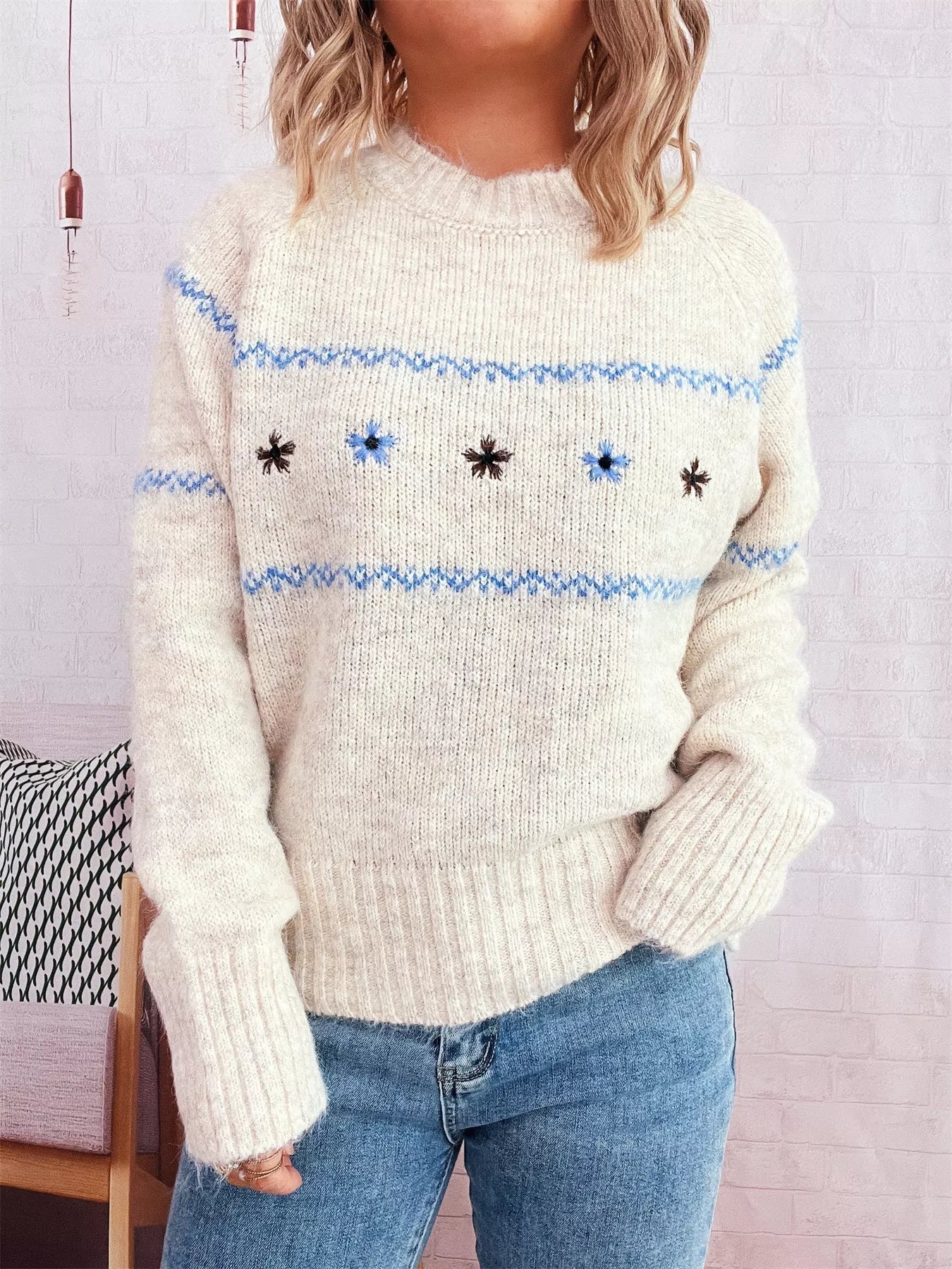 Ribbed Hem Flower Long Sleeve Sweater - MAD RUFFI