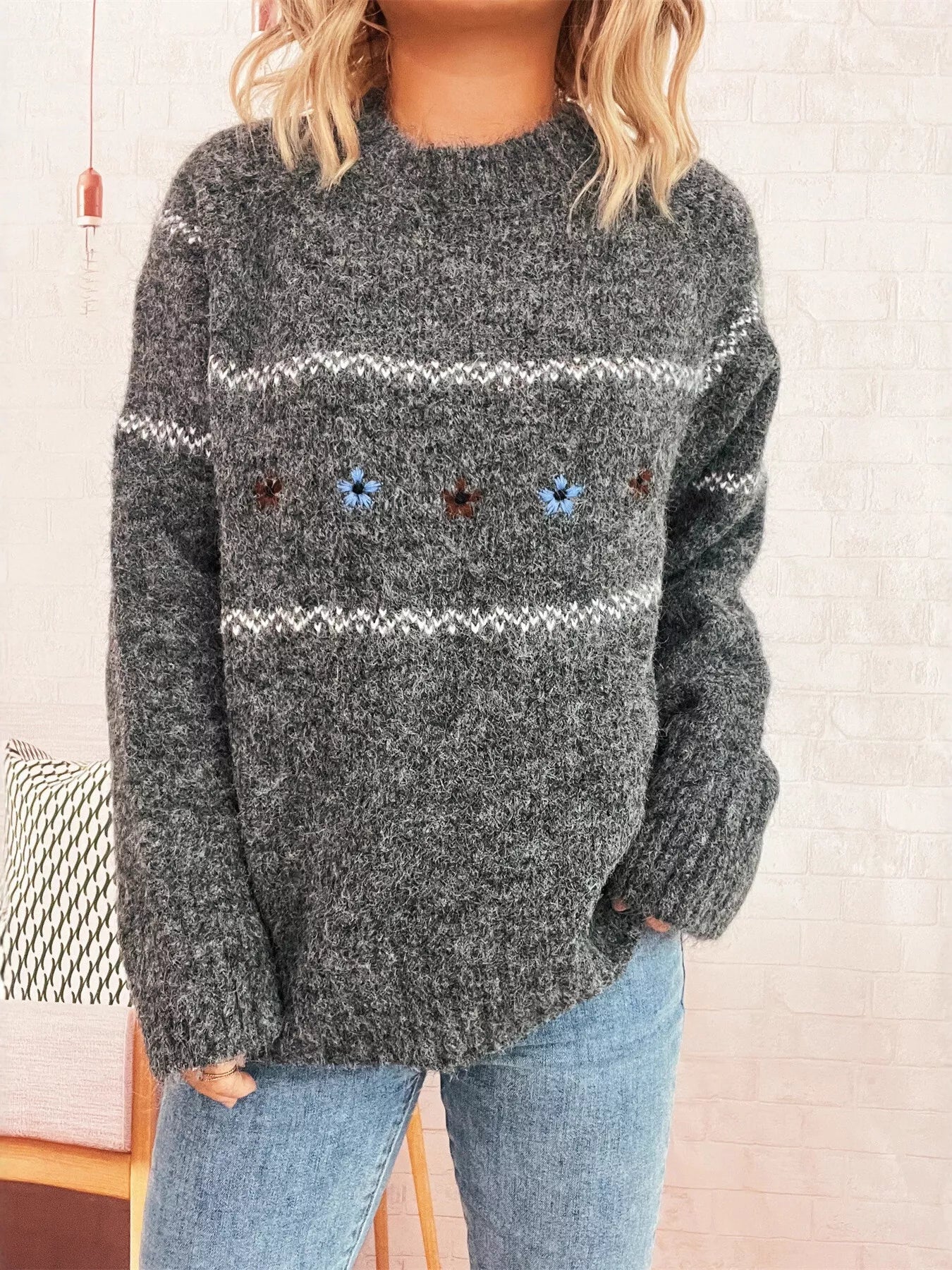 Ribbed Hem Flower Long Sleeve Sweater - MAD RUFFI