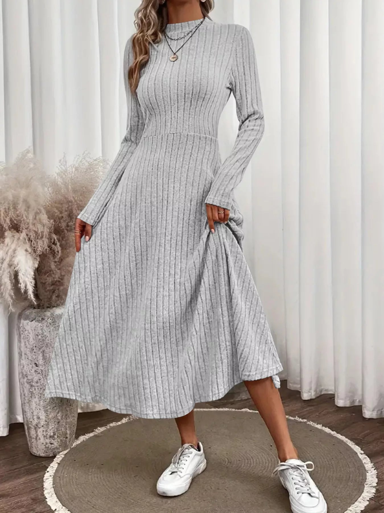 Ribbed Knit A - Line Midi Dress - MAD RUFFI