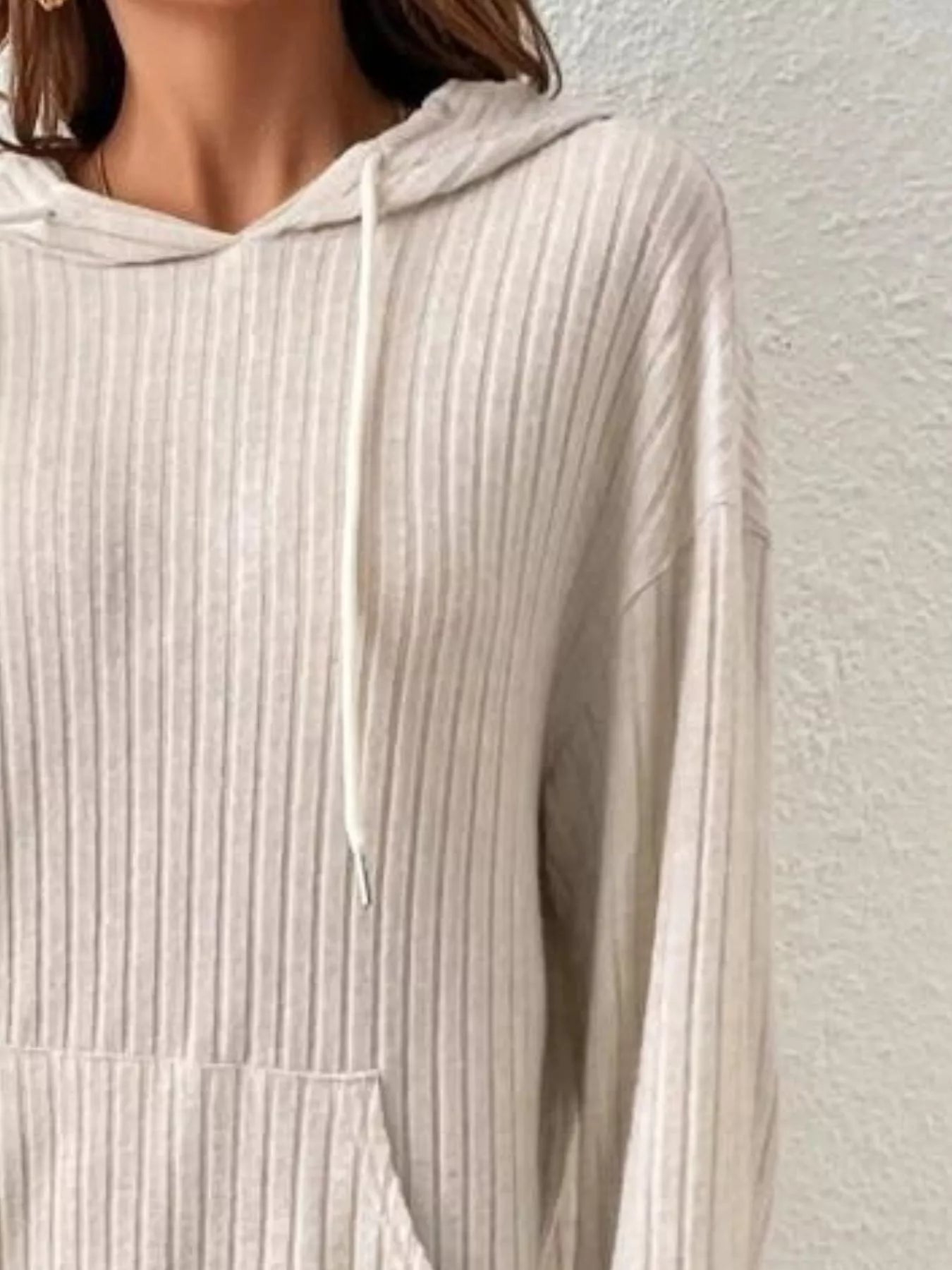 Ribbed Knit Long Sleeve Drawstring Hoodie - MAD RUFFI