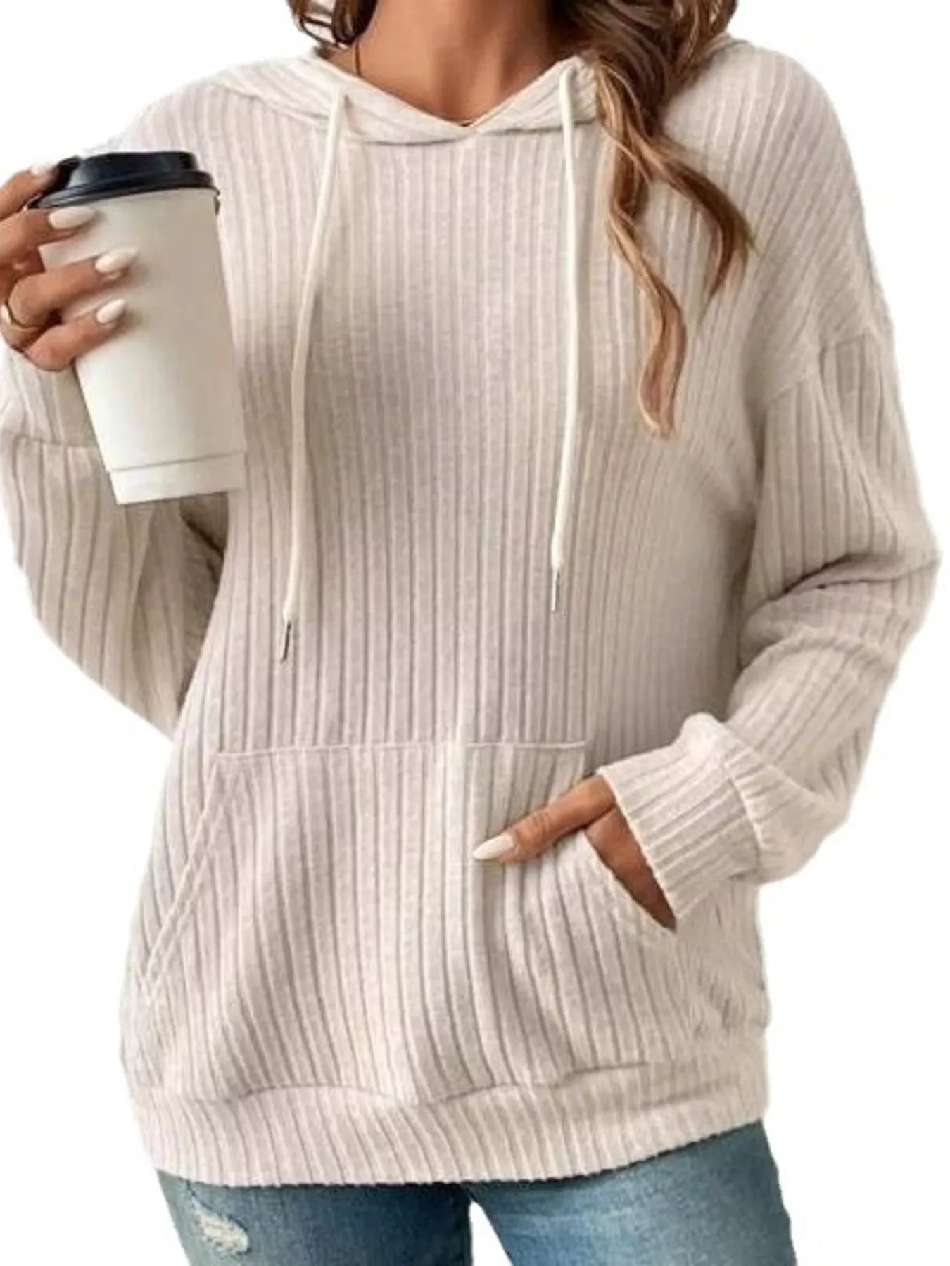 Ribbed Knit Long Sleeve Drawstring Hoodie - MAD RUFFI