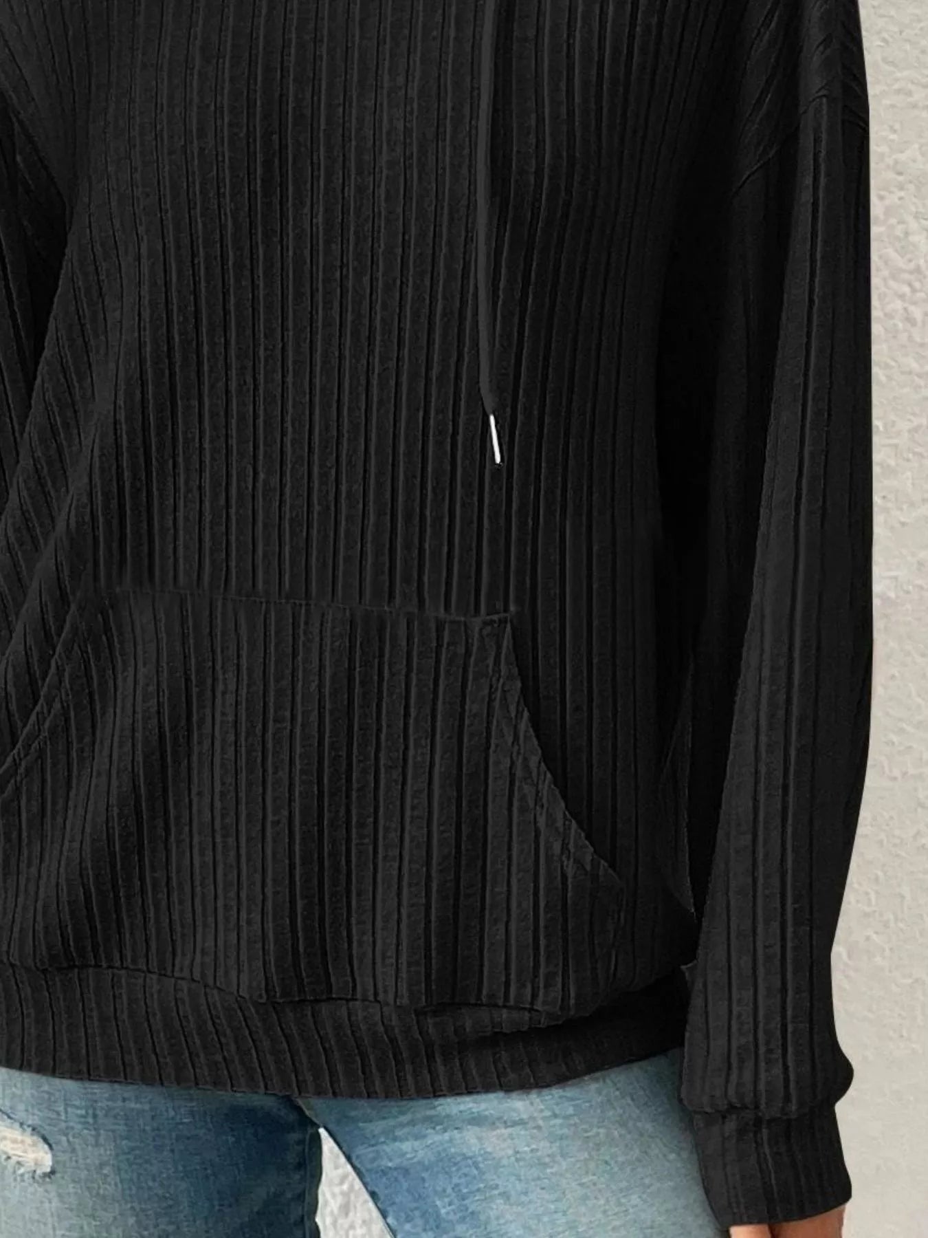 Ribbed Knit Long Sleeve Drawstring Hoodie - MAD RUFFI