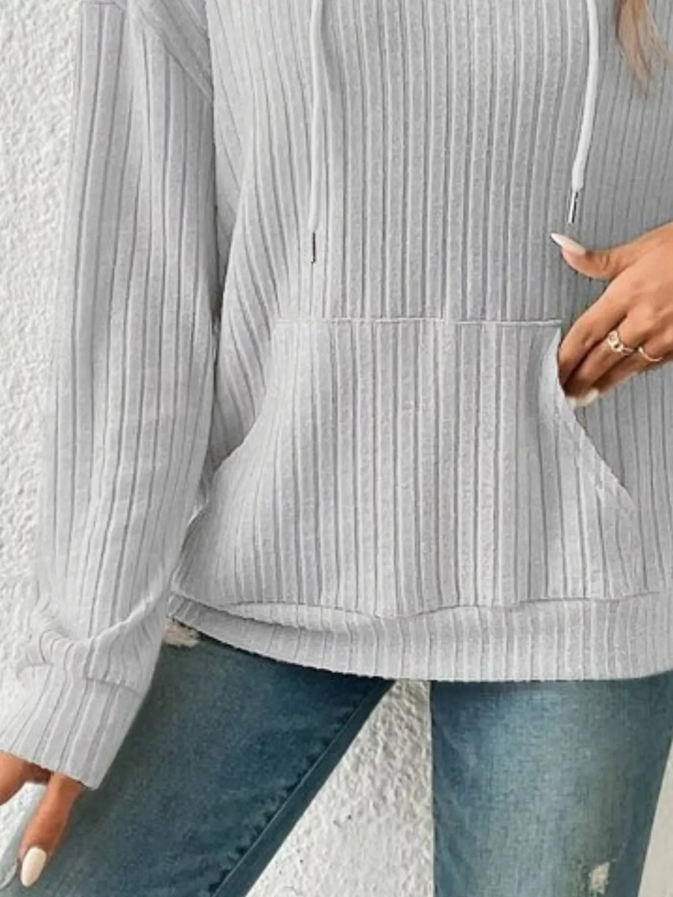 Ribbed Knit Long Sleeve Drawstring Hoodie - MAD RUFFI