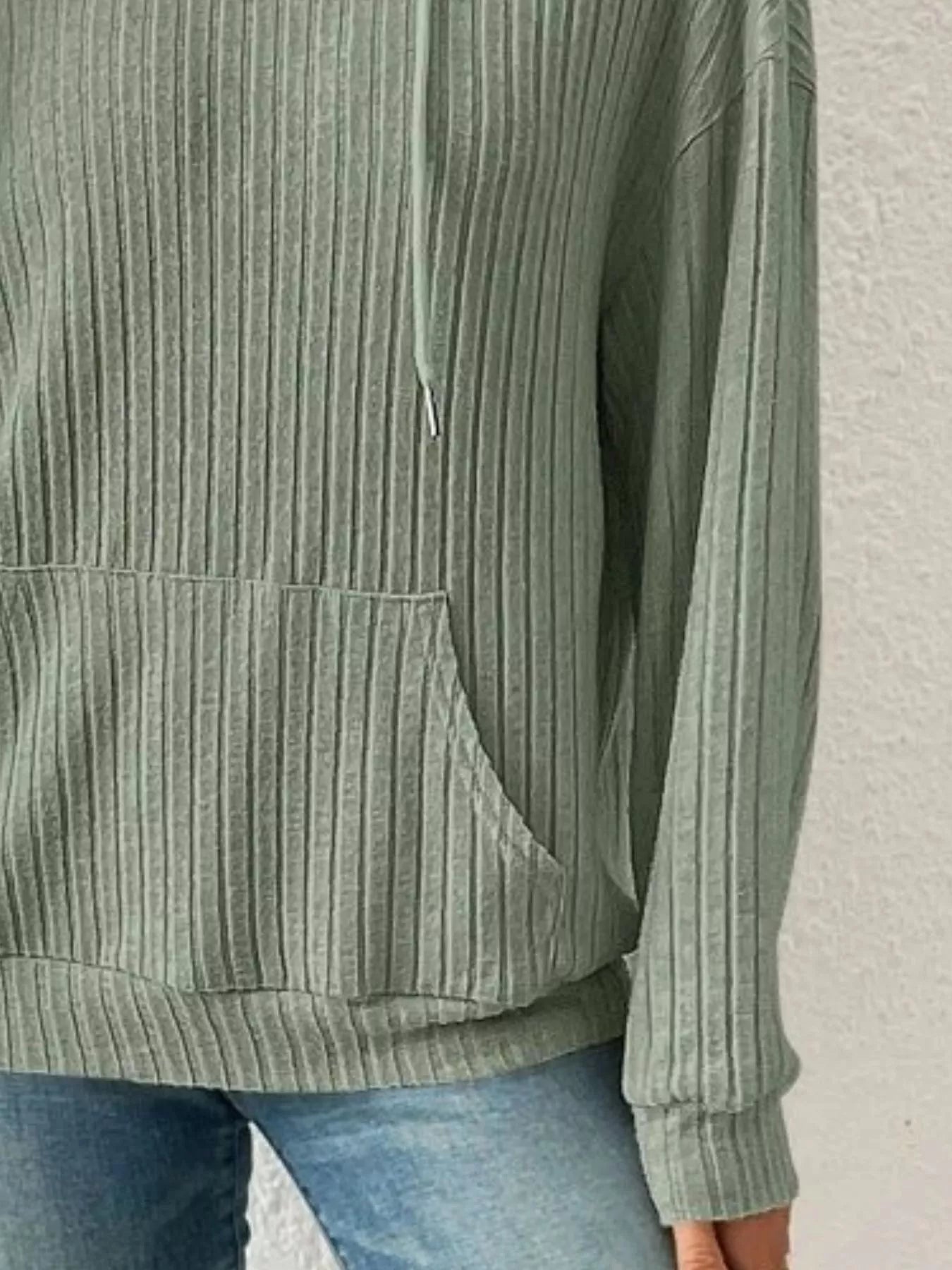 Ribbed Knit Long Sleeve Drawstring Hoodie - MAD RUFFI