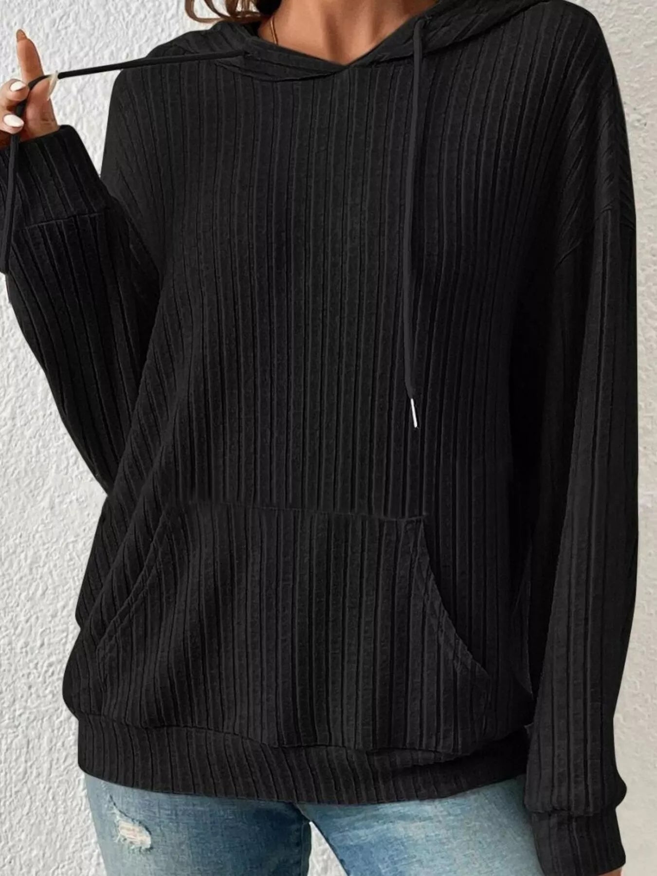 Ribbed Knit Long Sleeve Drawstring Hoodie - MAD RUFFI