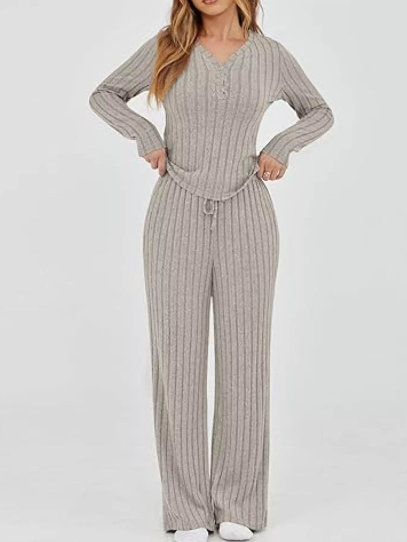 Ribbed Knit Long Sleeve Top and Pants Set - MAD RUFFI