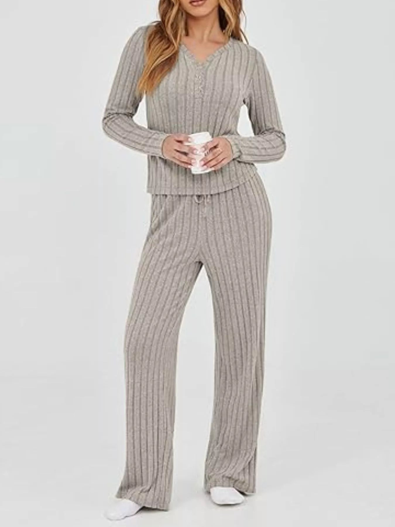 Ribbed Knit Long Sleeve Top and Pants Set - MAD RUFFI