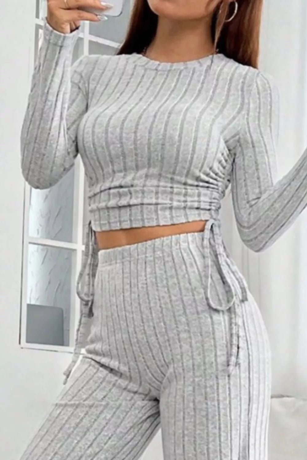 Ribbed Knit Long Sleeve Top & Wide Leg Pants Set - MAD RUFFI
