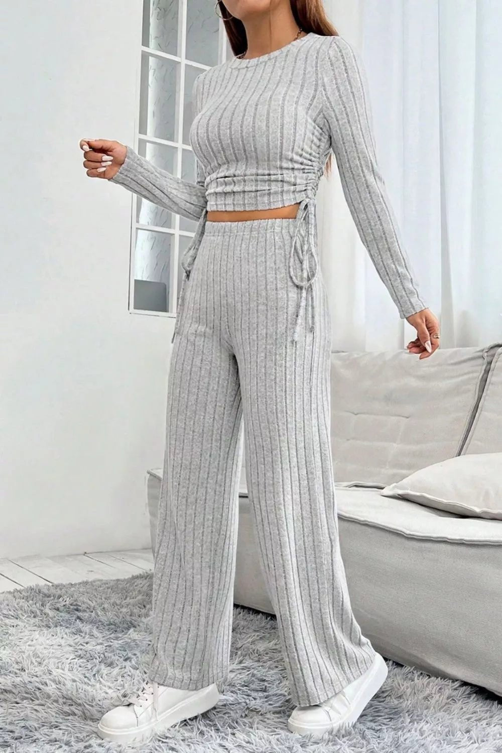 Ribbed Knit Long Sleeve Top & Wide Leg Pants Set - MAD RUFFI