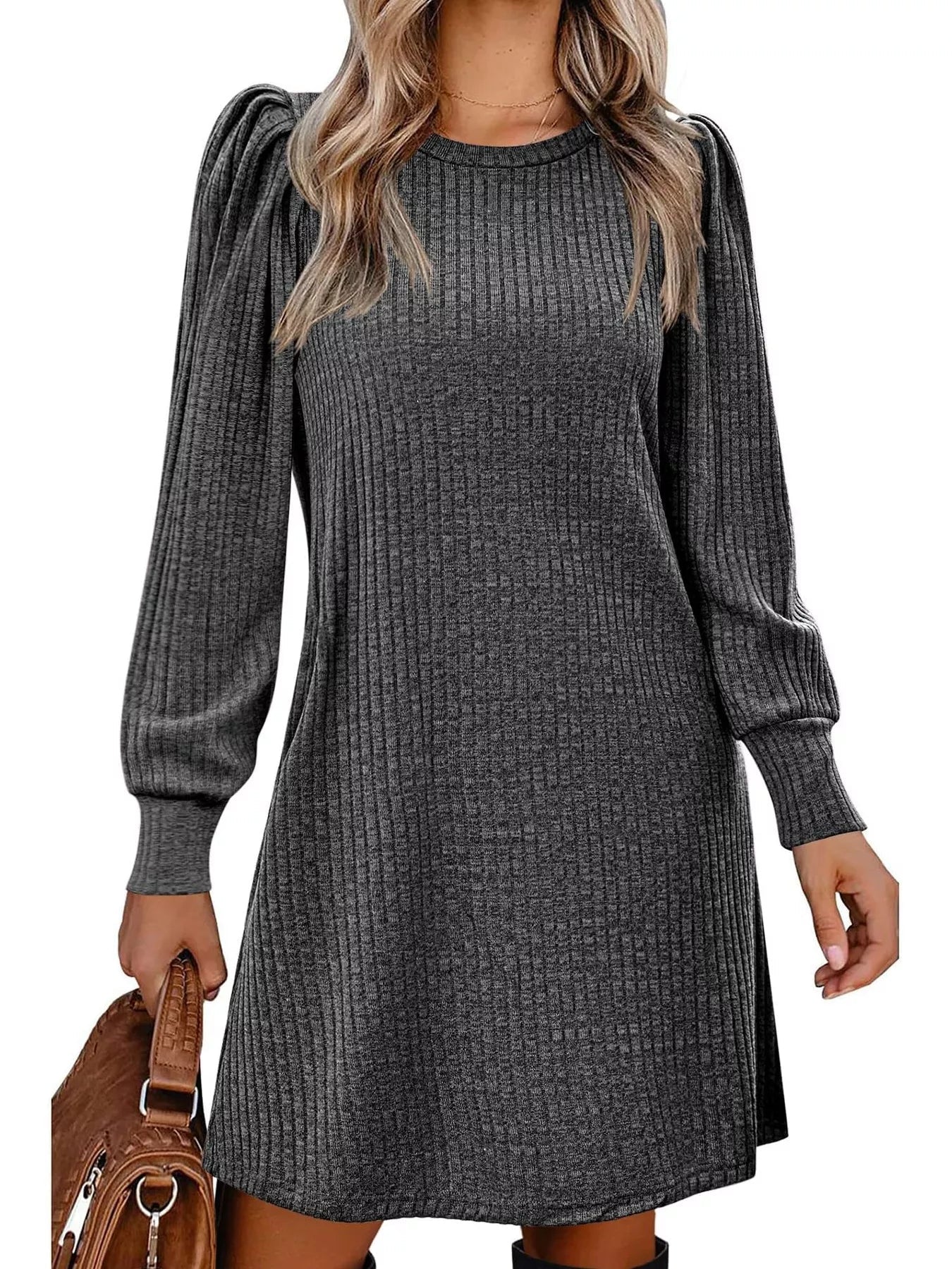 Ribbed Knit Puff Sleeve Casual Mini Dress - MAD RUFFI