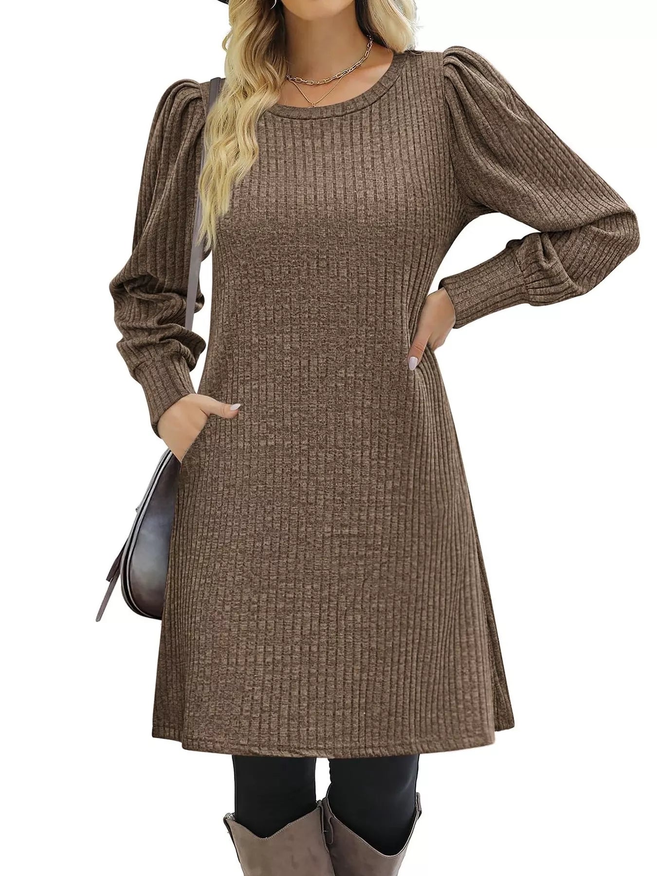 Ribbed Knit Puff Sleeve Casual Mini Dress - MAD RUFFI
