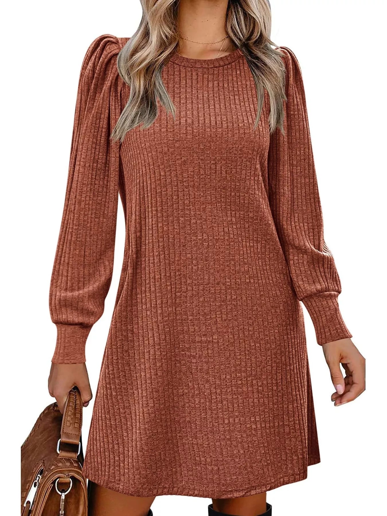 Ribbed Knit Puff Sleeve Casual Mini Dress - MAD RUFFI