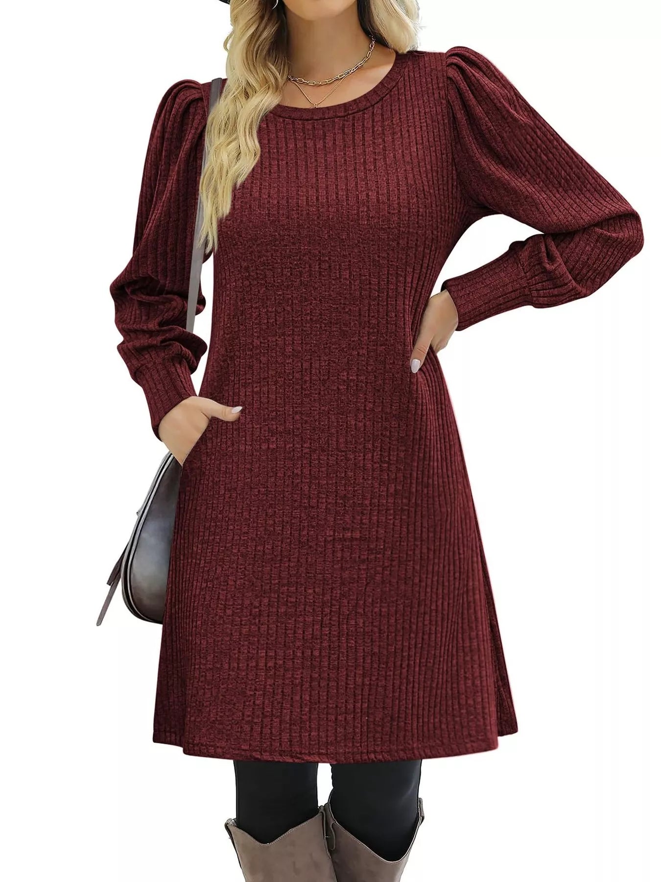 Ribbed Knit Puff Sleeve Casual Mini Dress - MAD RUFFI