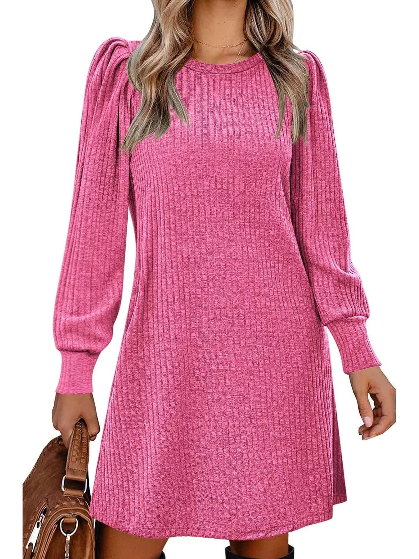 Ribbed Knit Puff Sleeve Casual Mini Dress - MAD RUFFI