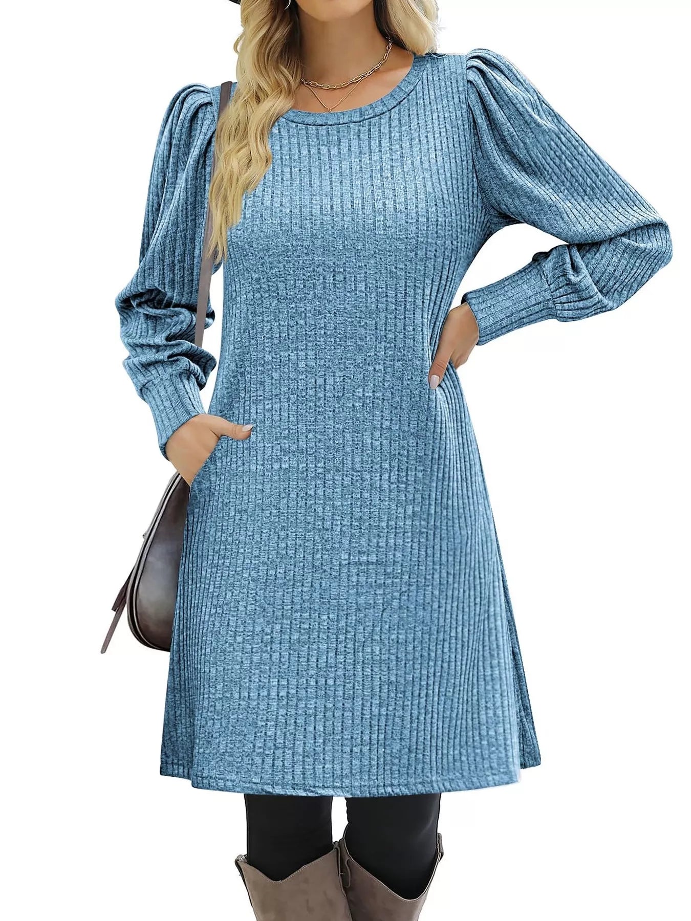Ribbed Knit Puff Sleeve Casual Mini Dress - MAD RUFFI