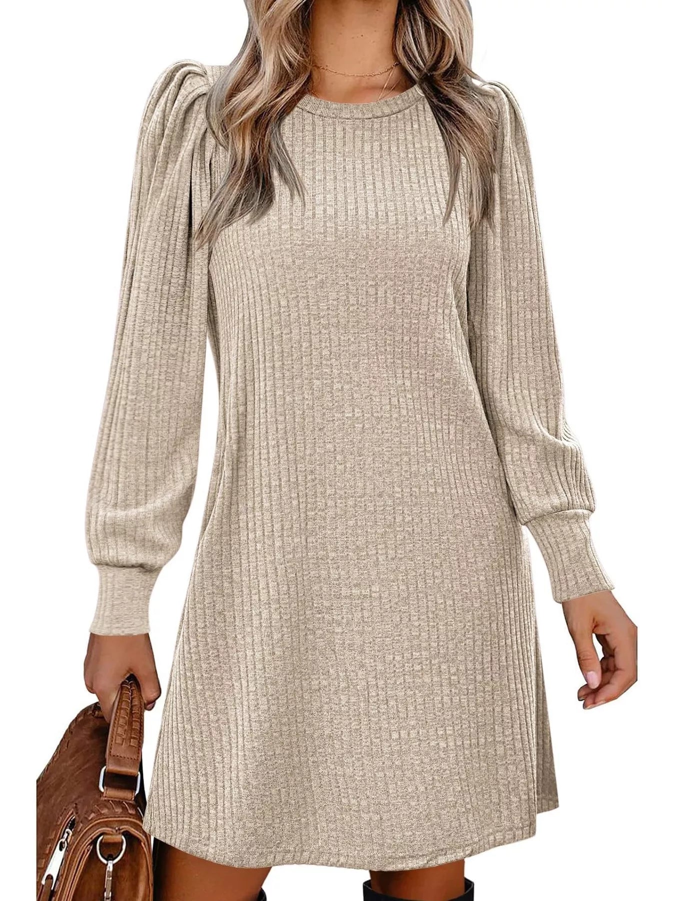 Ribbed Knit Puff Sleeve Casual Mini Dress - MAD RUFFI