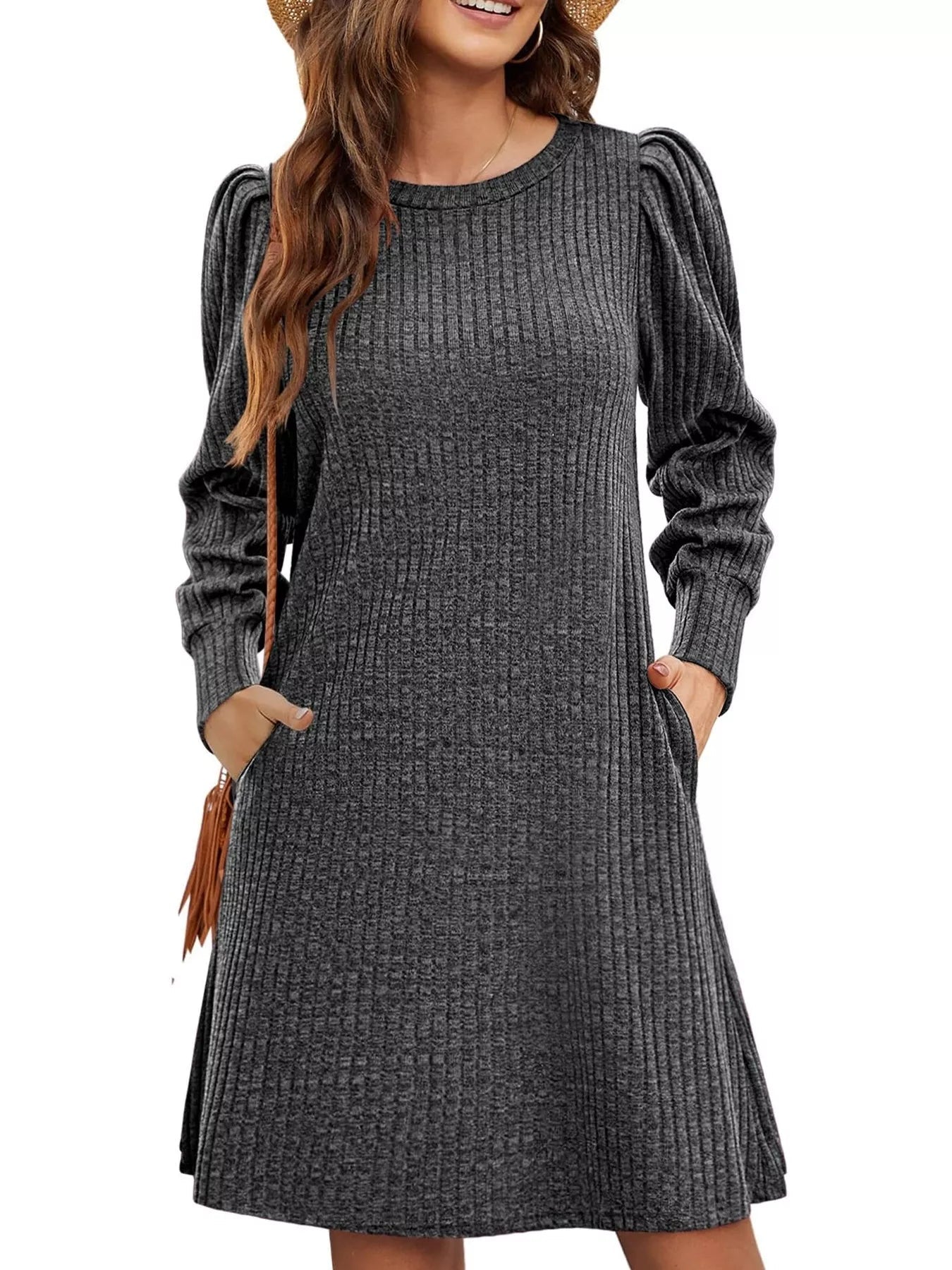 Ribbed Knit Puff Sleeve Casual Mini Dress - MAD RUFFI